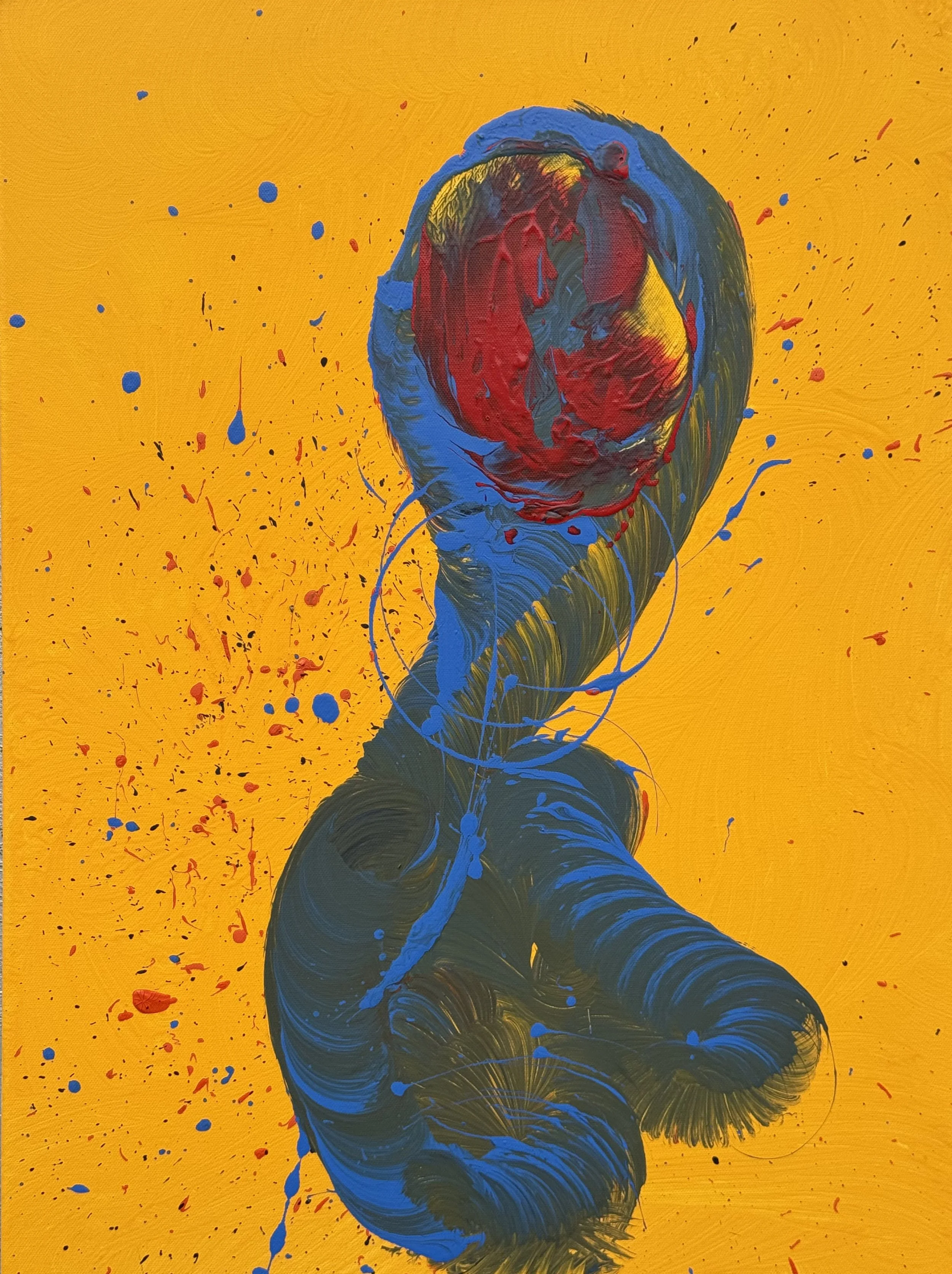 FRENZY — abstract painting with dark blue and red swirling strokes on a yellow splattered background by Yücel Erdogan