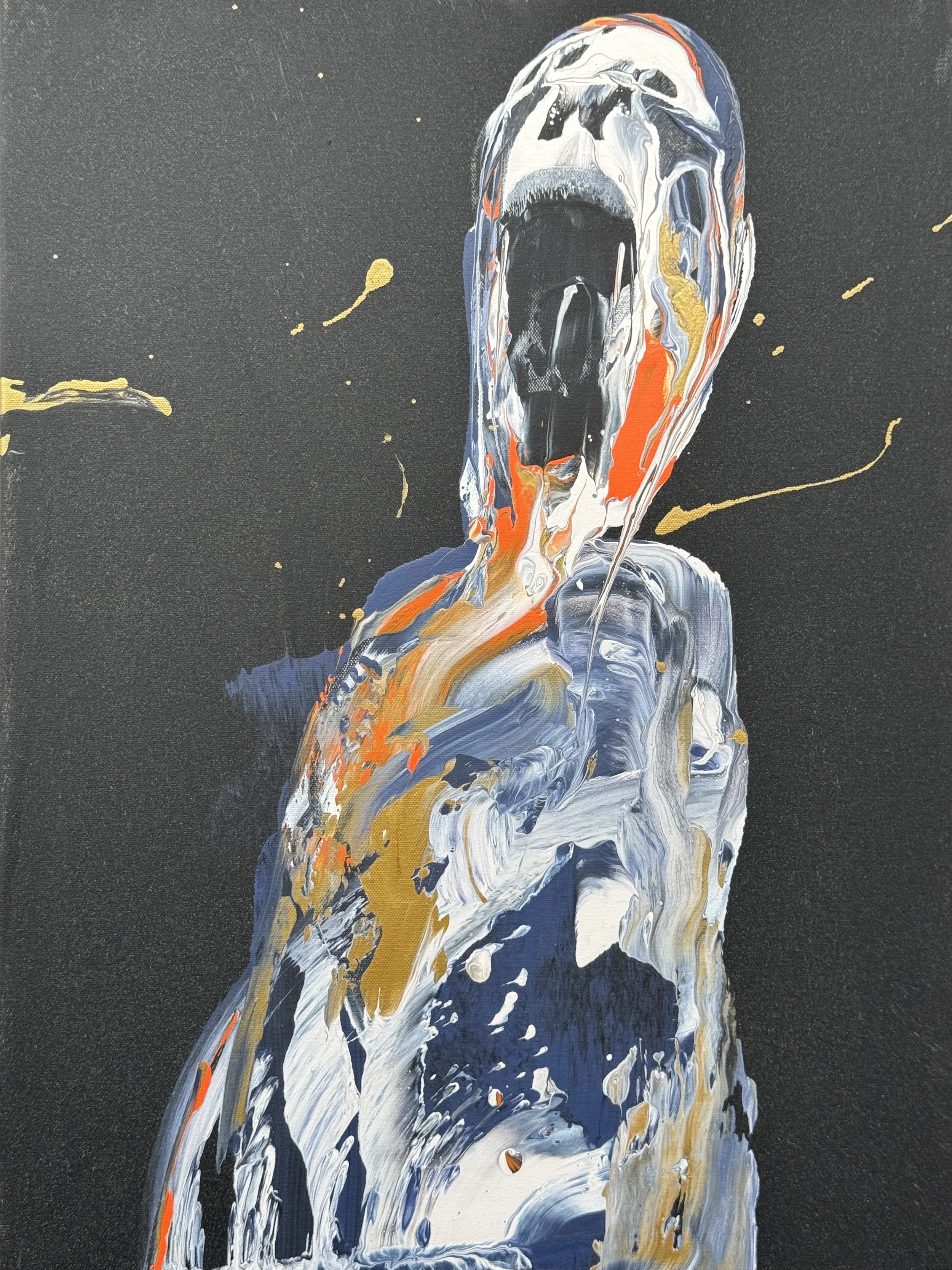 Abstract painting of a woman with flowing hair and an open mouth, created with bold strokes of white, black, orange, blue, and gold paint on a black background.