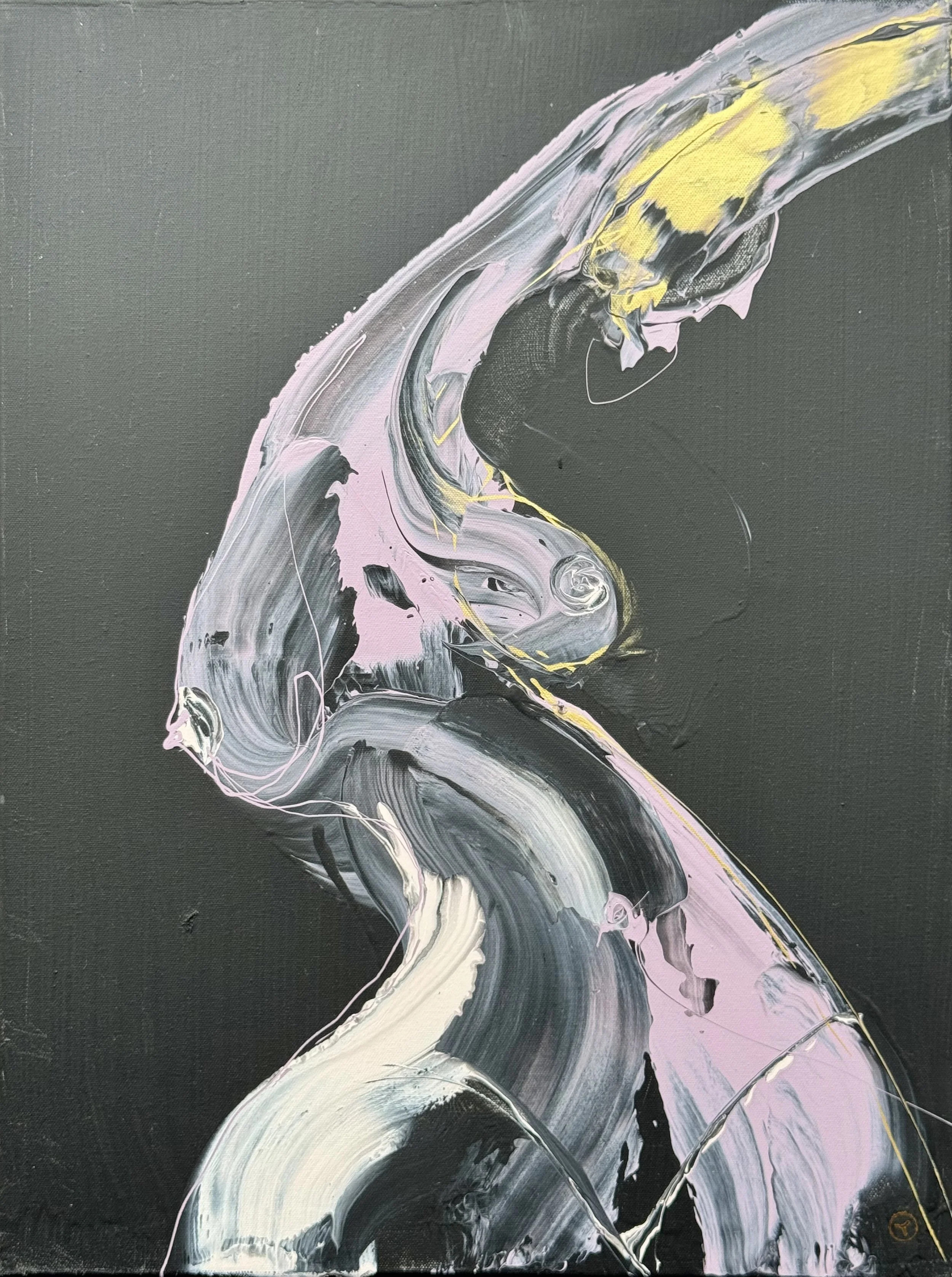 RAPTURE — abstract painting with bold swirling strokes of black, white, pink, yellow, and hints of gray by Yücel Erdogan