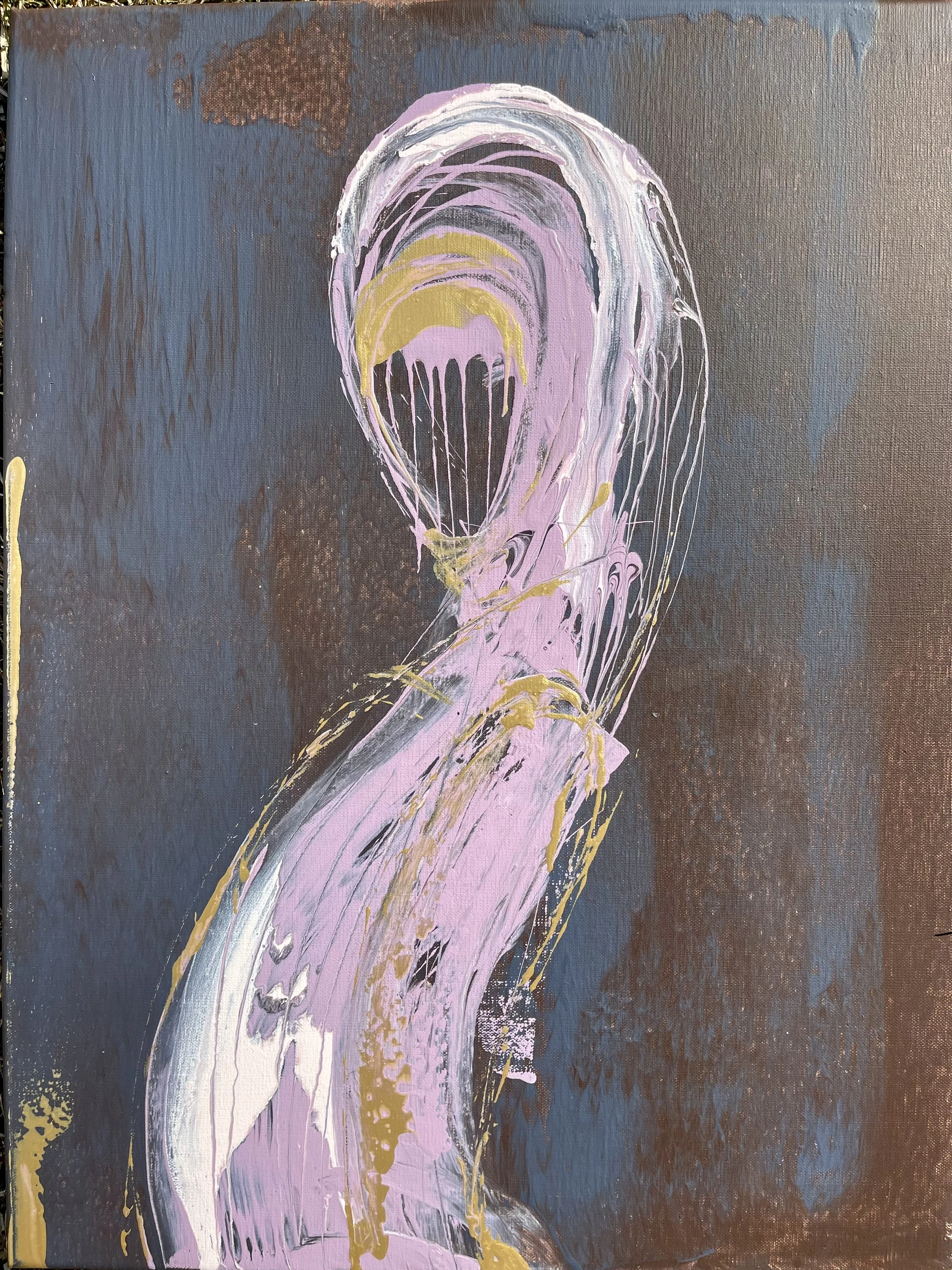 TORMENT — abstract painting featuring a flowing, waterfall-like shape in shades of pink, white, and gold by Yücel Erdogan