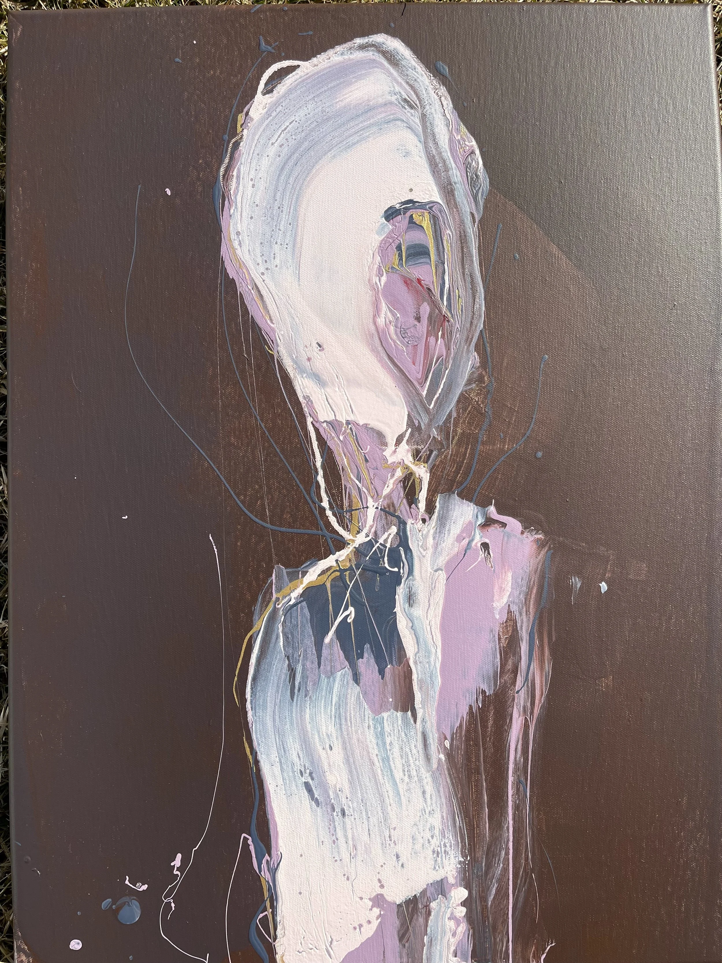 VERTIGO — abstract painting with pink, white, and gold drips on a dark brown background by Yücel Erdogan