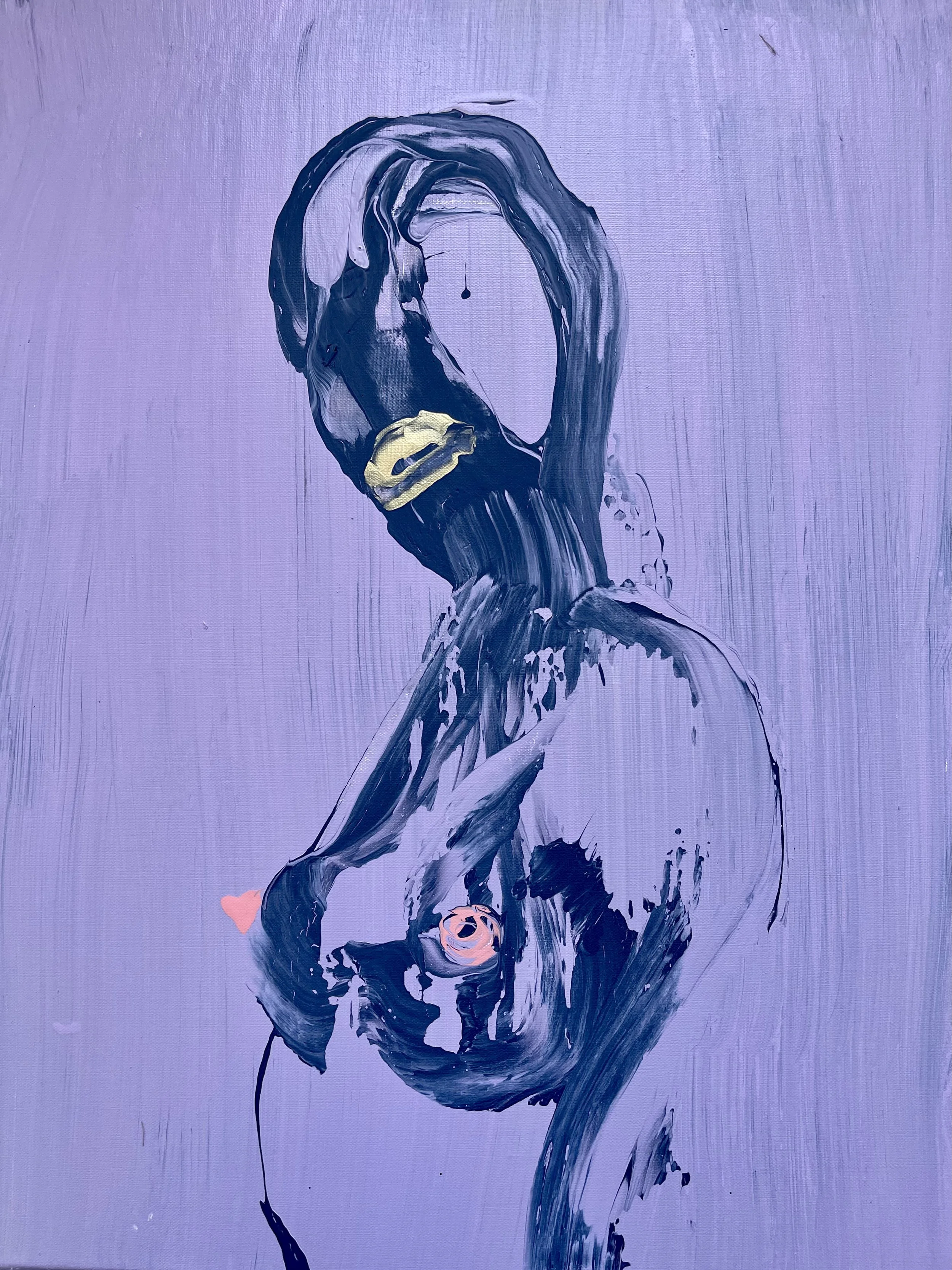 Abstract portrait of a woman with a lavender background, painted in dark blue and white with a pink heart near her neck.