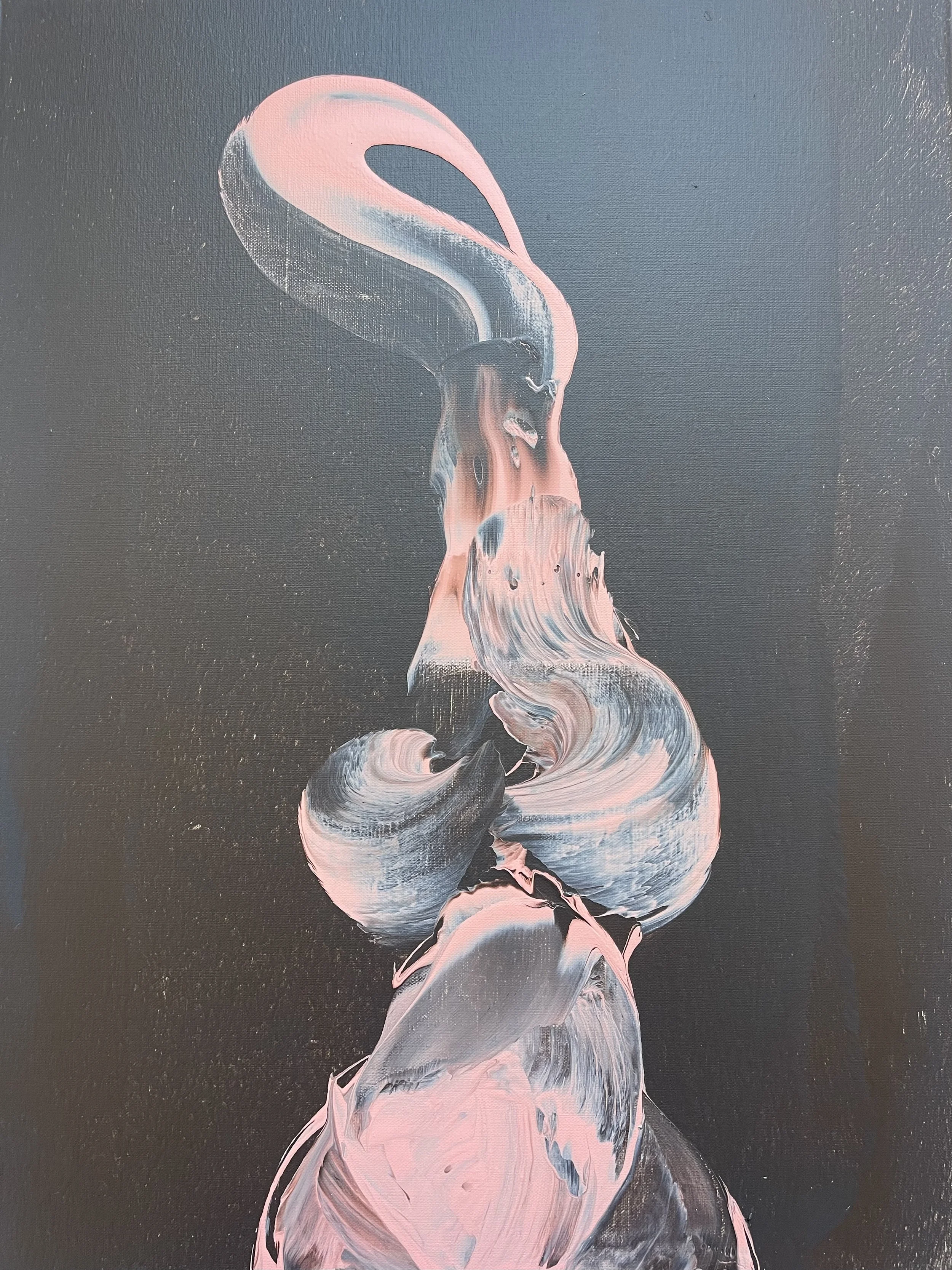 Abstract painting of a flamingo with pink, black, and white brushstrokes on a dark background.