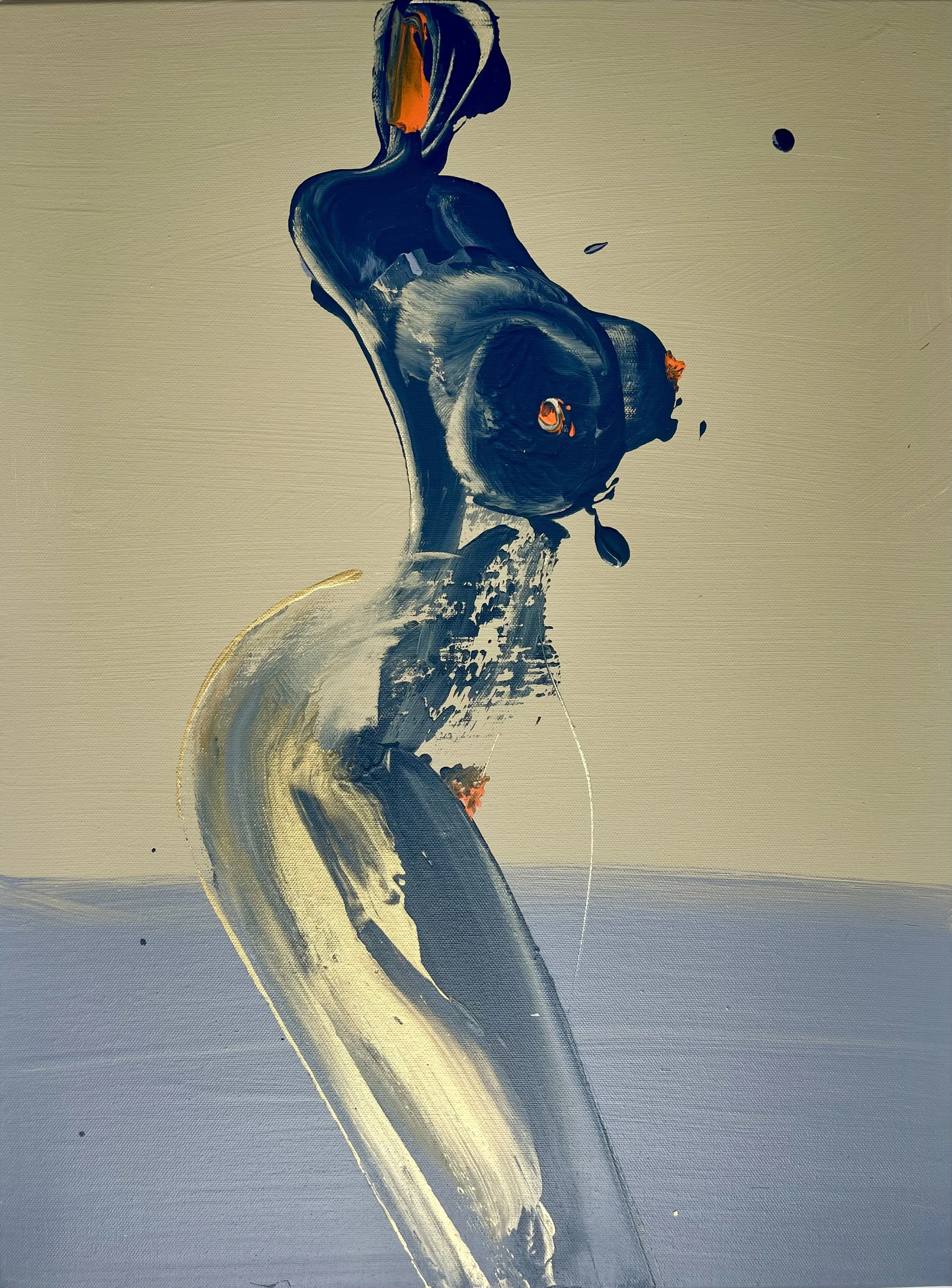 Abstract painting with swirling blue, white, black, orange, and gray colors on a canvas.
