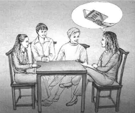 Four people sitting at a table during an interview, with a woman holding money and thinking about paying them.