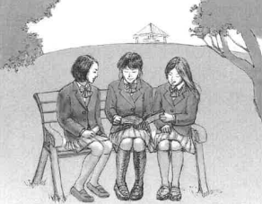Three young women sitting on a bench outdoors, engaging in conversation.