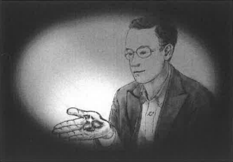 Black-and-white hand-drawn portrait of a man with glasses looking at an open hand, illuminated by a spotlight.