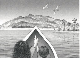 Two children on a boat in a body of water, pointing toward mountains and birds in the sky with palm trees along the shoreline in the background.