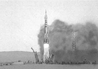 Rocket launch with smoke and flames at the base, tall launch pad, and transmission towers in the background.