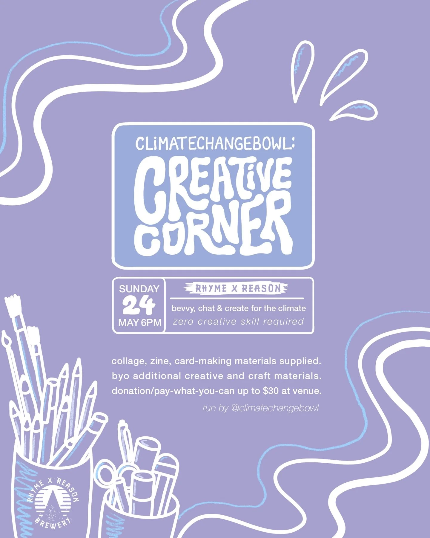 craft &amp; craft beers, lesssgoo🍻💜 sooo so excited to be launching this!! 

join us at @rhymexreasonbrewery sunday 24 May for the @climatechangebowl Creative Corner ✰ actually cannot wait! 

come have a chat, do a collage, make a zine, make a card