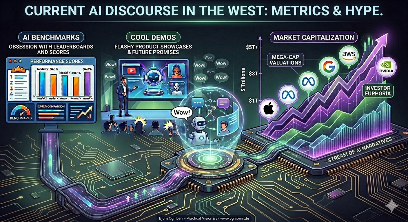Western tech companies focus too much on using AI to drive up market valuations and too little on actual AI deployment.