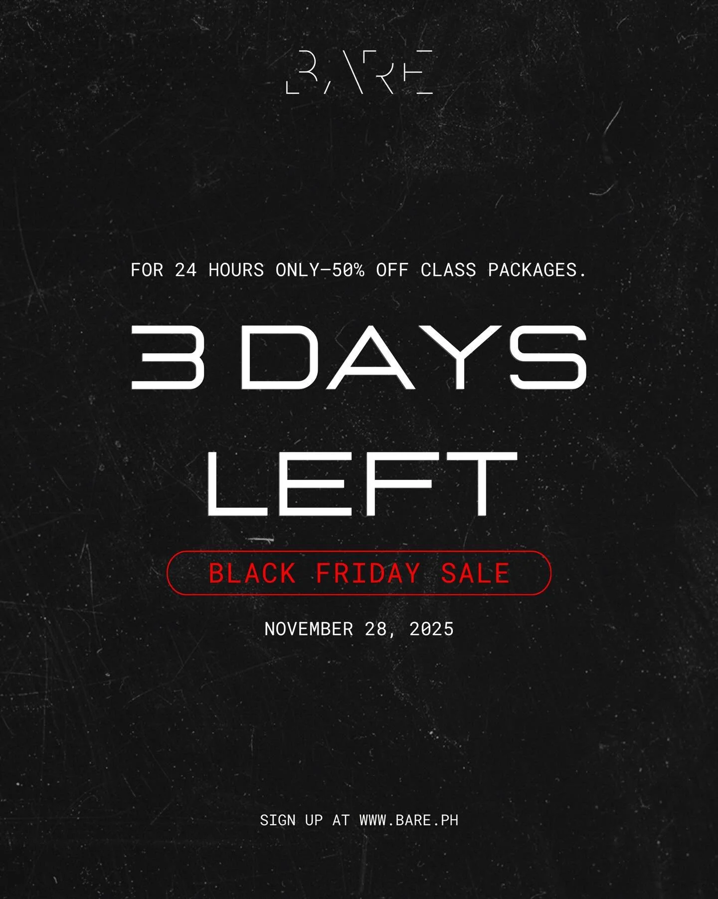 𝟯 𝗗𝗔𝗬𝗦 𝗧𝗢 𝗚𝗢 

The biggest offer of the year is almost here. 50% off class packages&mdash;available for 24 hours only on November 28. 

Stay ready. 

#BAREMNL