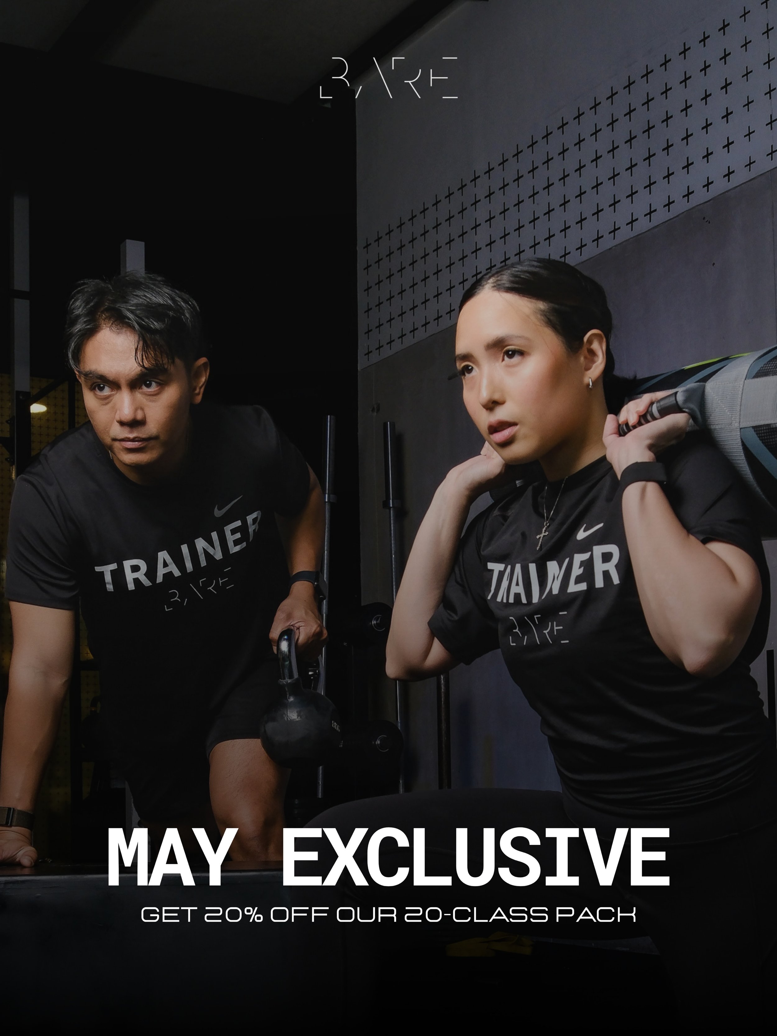 This May, enjoy 20% off our 20-Class Pack!

Special rate: ₱15,996
(Regular rate: ₱19,995)

Limited-time offer. DM us to secure your pack and keep moving.

#BAREMNL #StayConsistent #TrainWithBARE