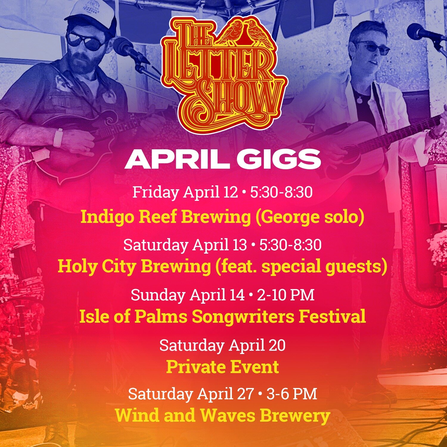 Holy smokes it's already April! We'll be keeping quite busy, hitting both regular spots and a few special events too. Check out our lineup:

➡️ Friday April 12 | Indigo Reef Brewing: George will be playing a rare solo set! Come on out to the first TL