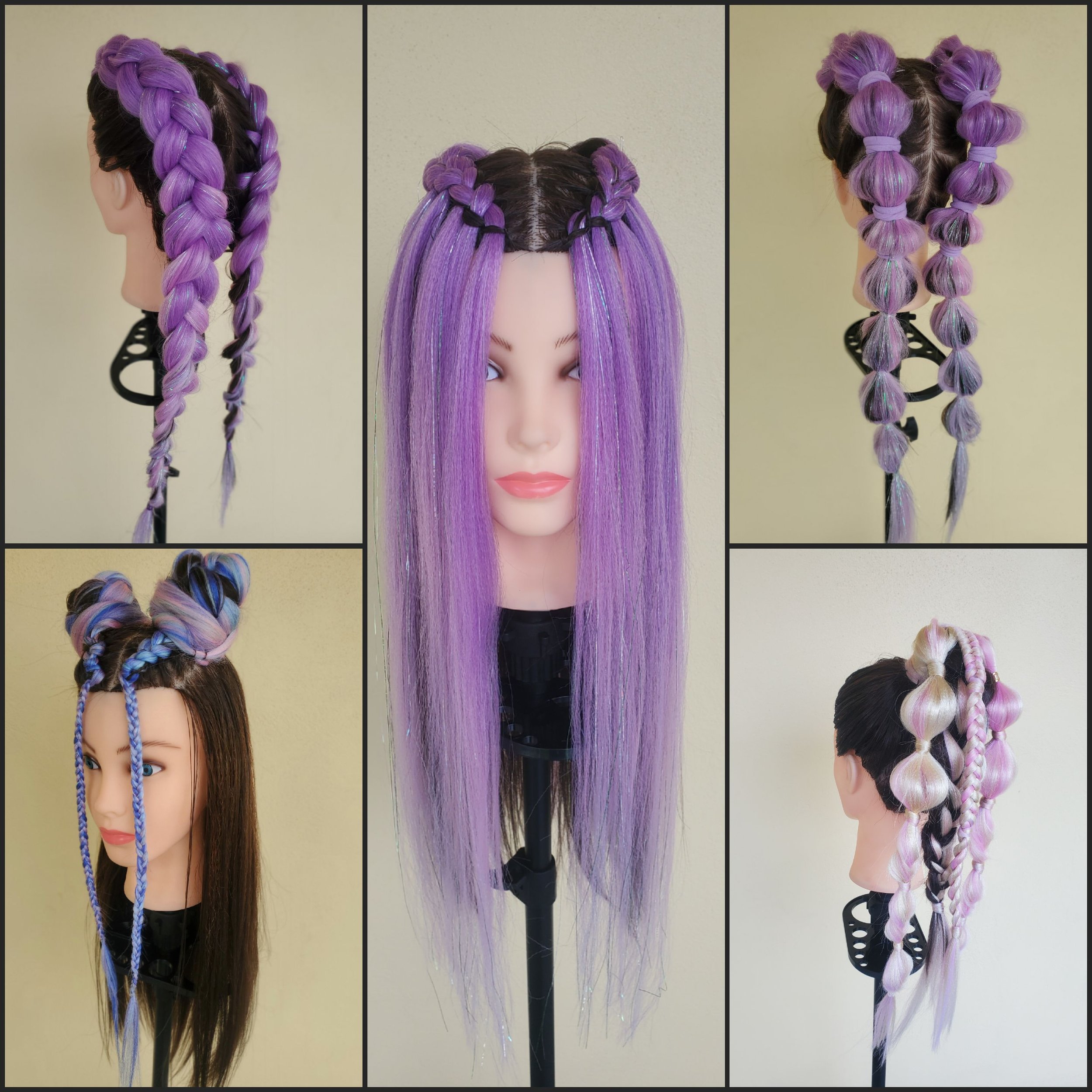 Pancake braids, waterfall braids, space buns with two cornrows and two accent braids, bubble braids, festival pigtail braid.