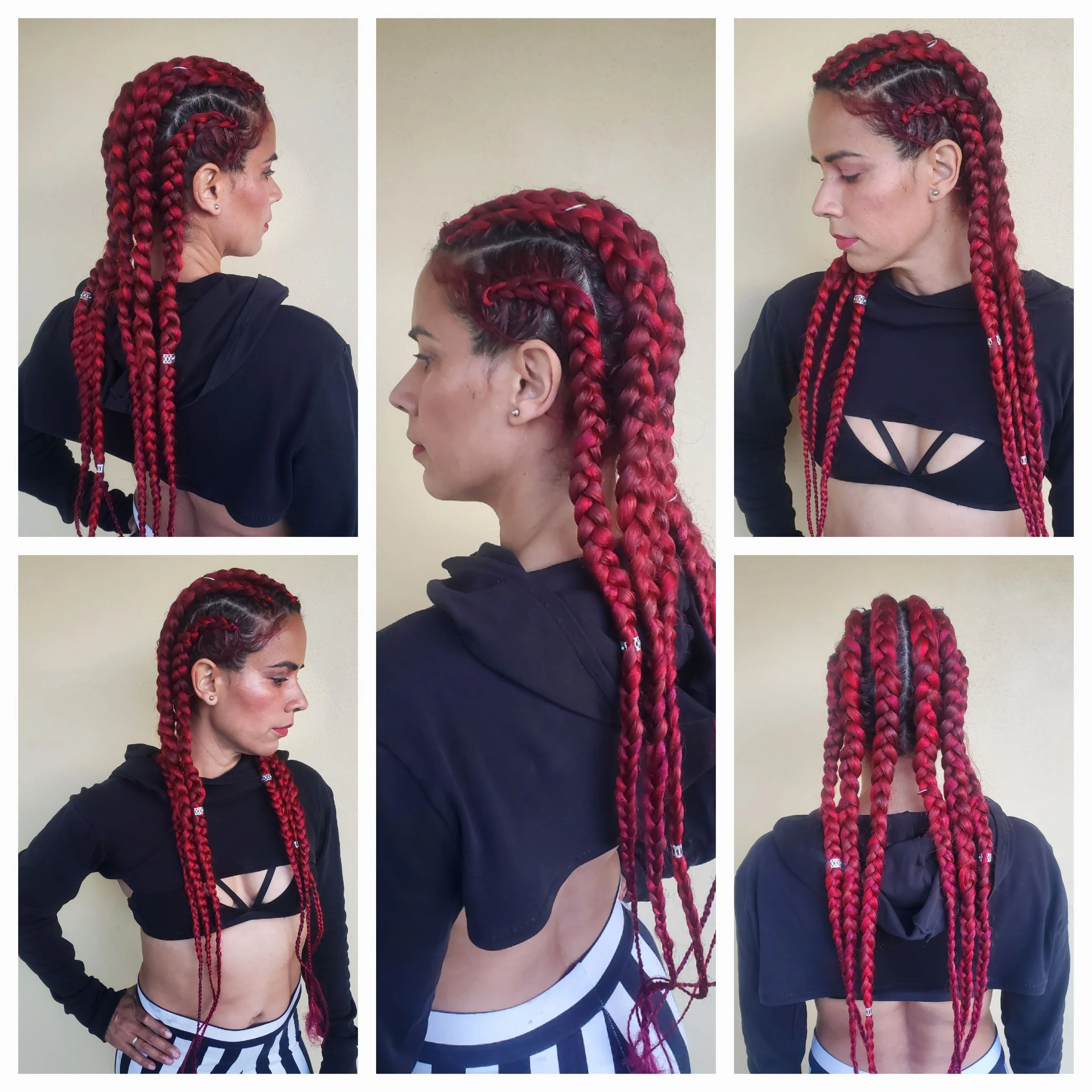 6 Straight cornrow braids with red and burgundy extension and some rings and  hair jewelry