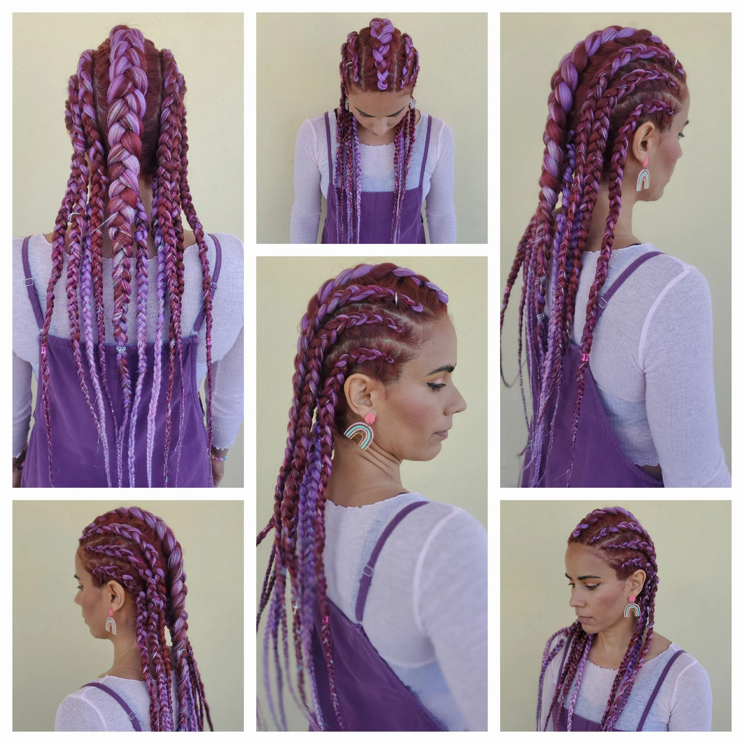 9 Cornrows and 1 big Mohawk Braid in the Middle with light purple tinsel and burgundy extensions.