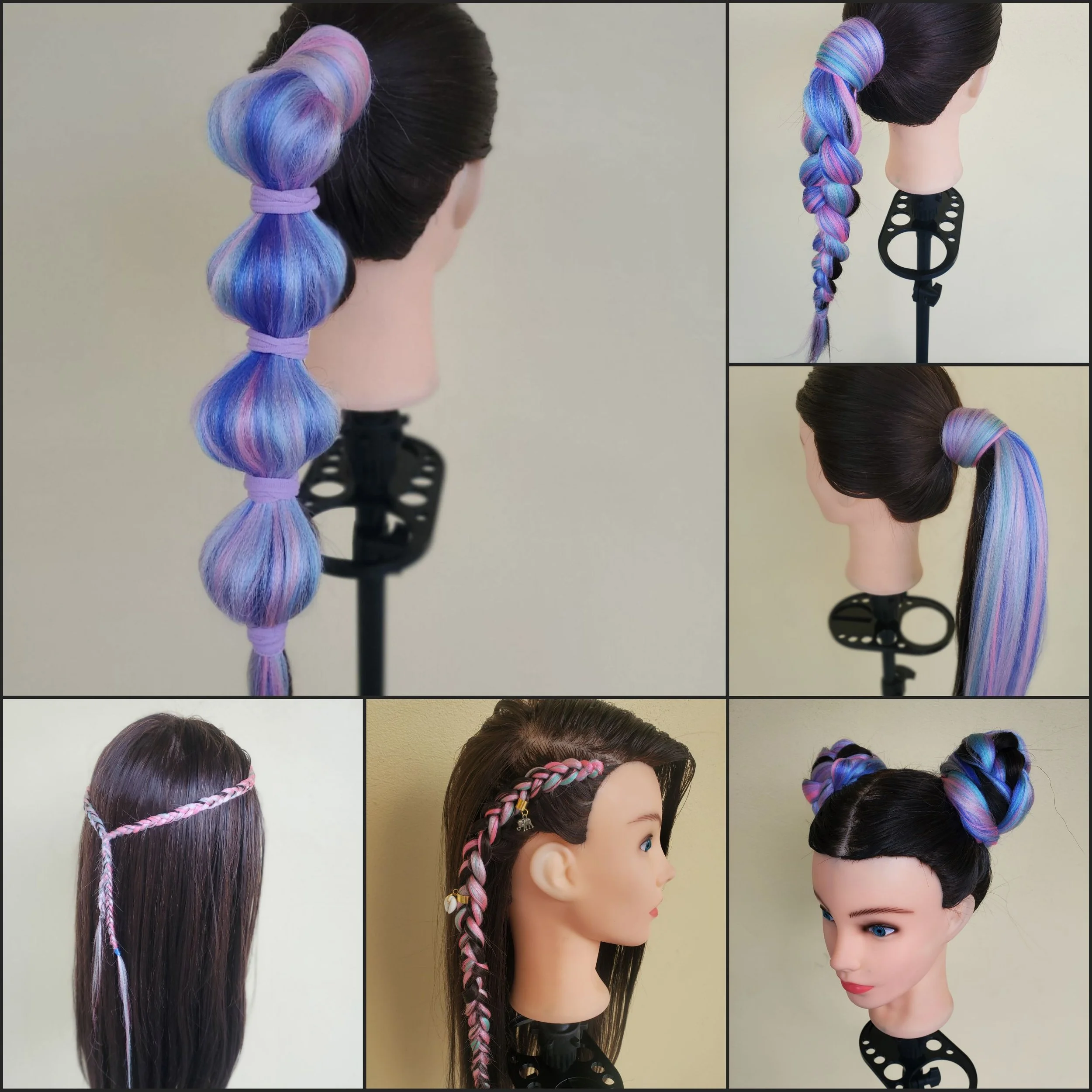 Bubble pony tail, braided ponytail, straight ponytail, two side braids, one sided cornrow, and two space buns.