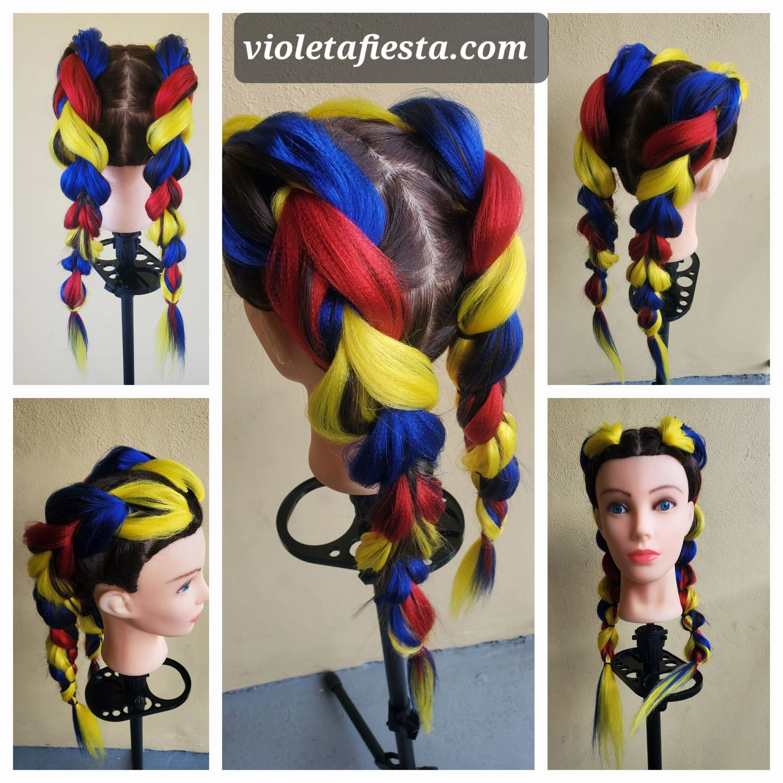 Yellow Blue and Red Braids Colombian Braids Miami Two Dragon braids, hair braider for World Cup fans Colores Colombians trends para Copa Mundial fútbol Colombiano, Ecuador