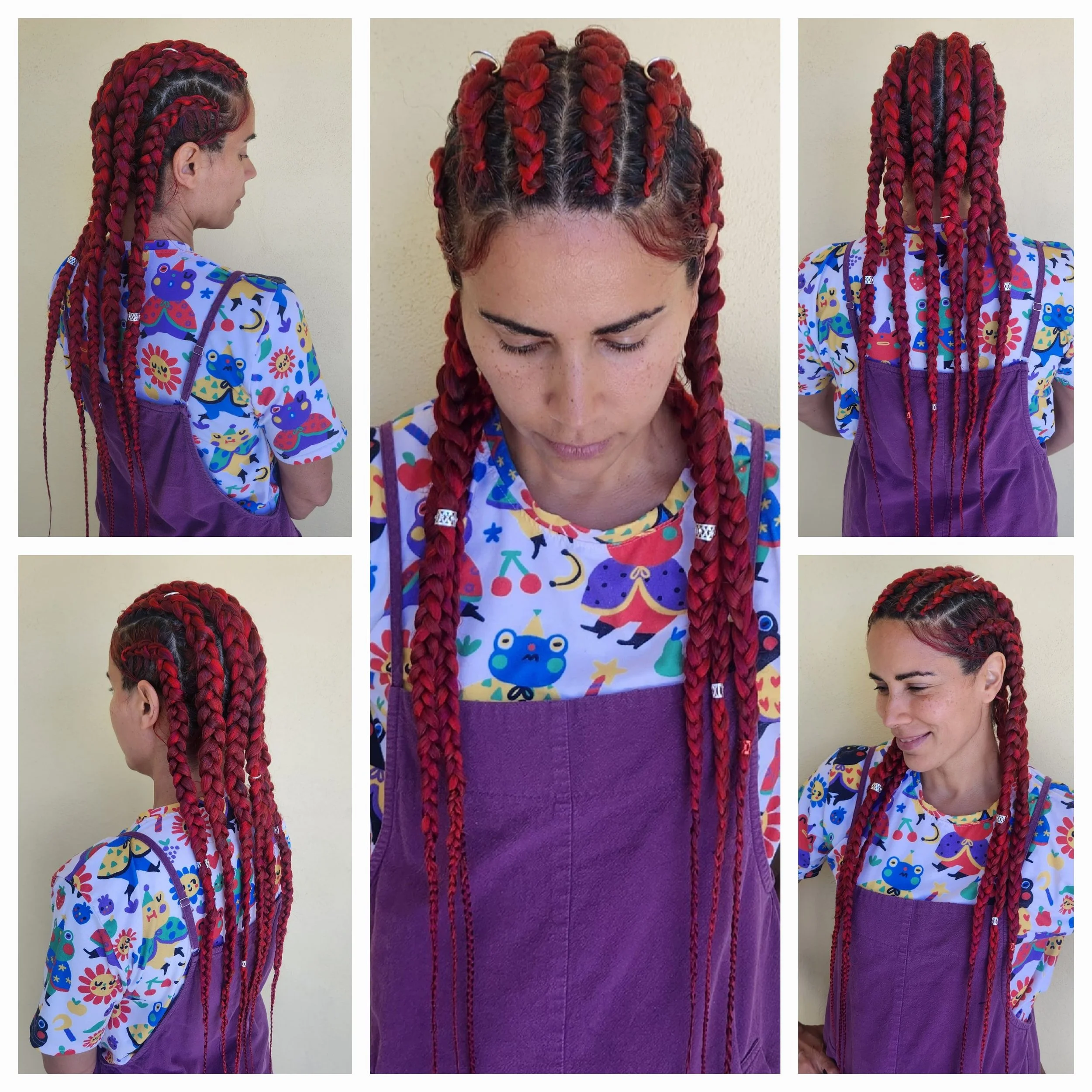 6 cornrow braids with red and burgundy extensions