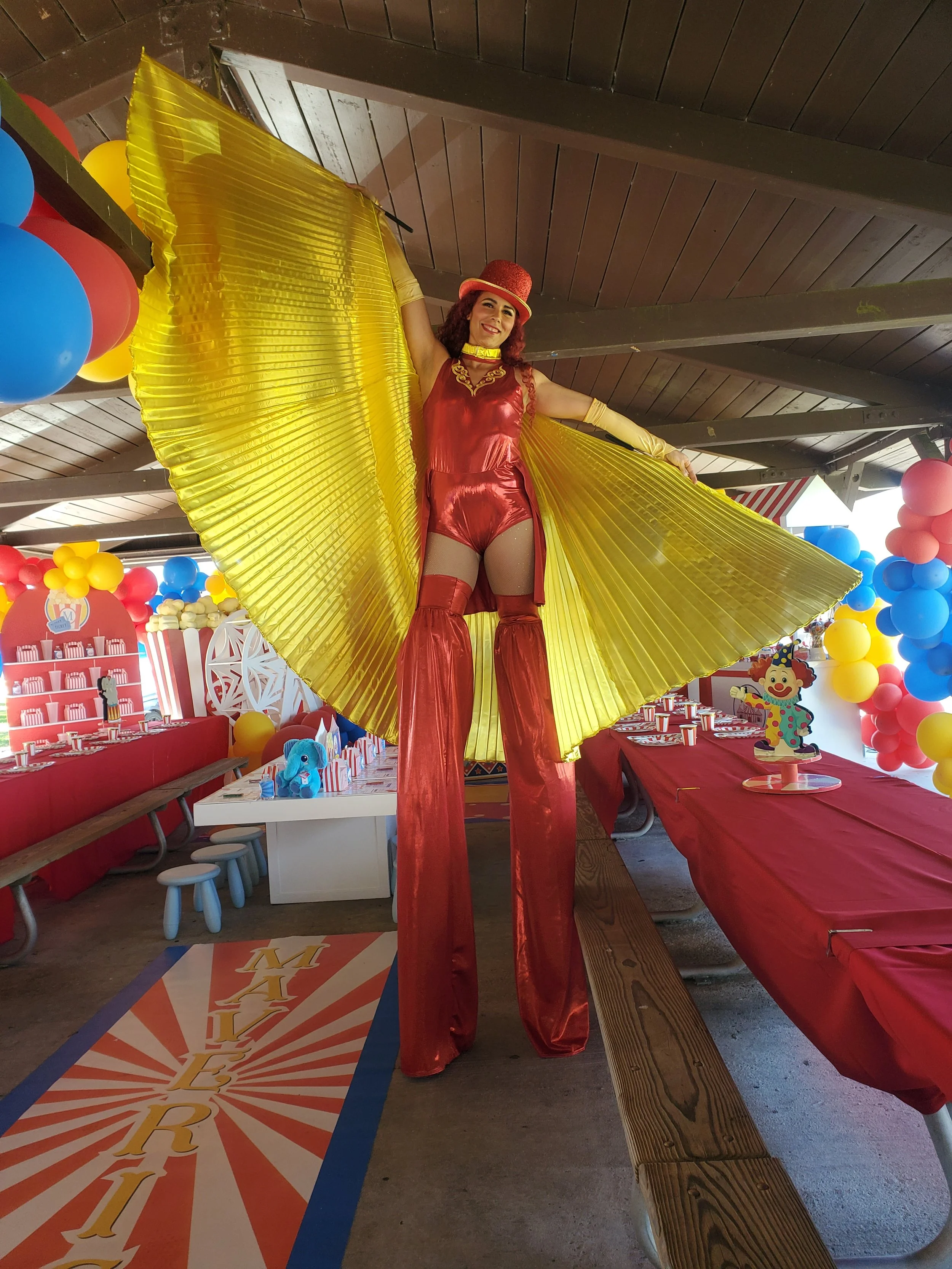 Red and Gold Circus Outfit Stilts