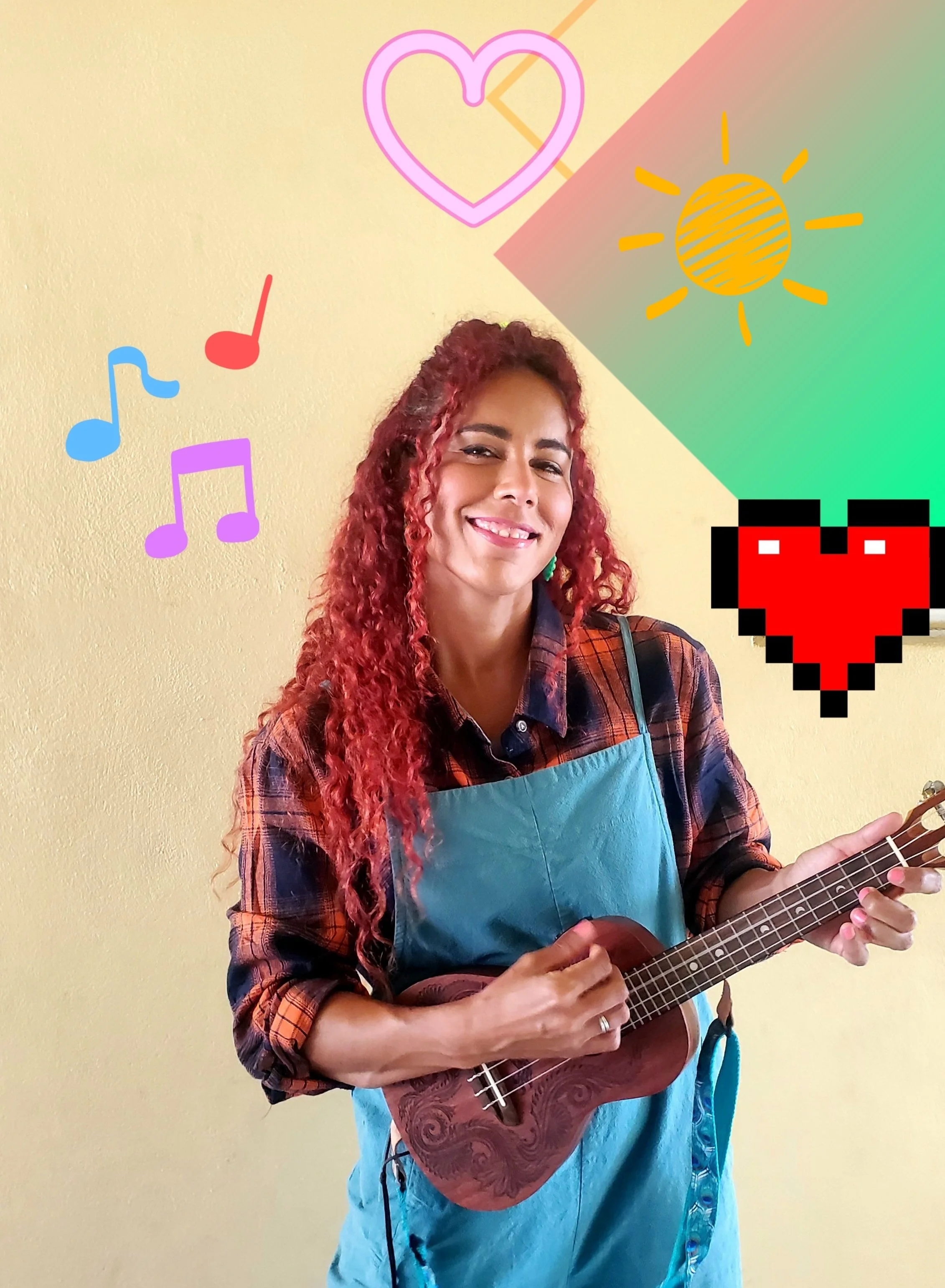 Violeta playing the Ukulele red curly hair and green overalls