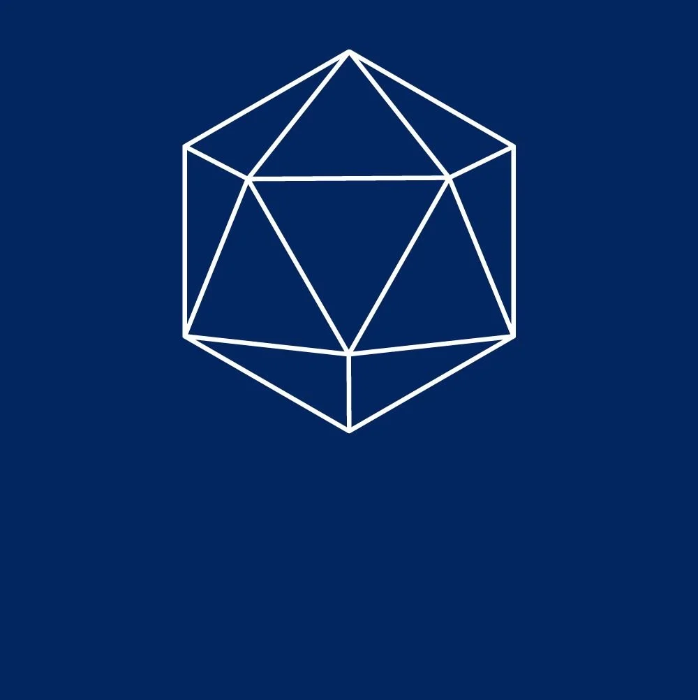Geometric icosahedron outline on a dark blue background.