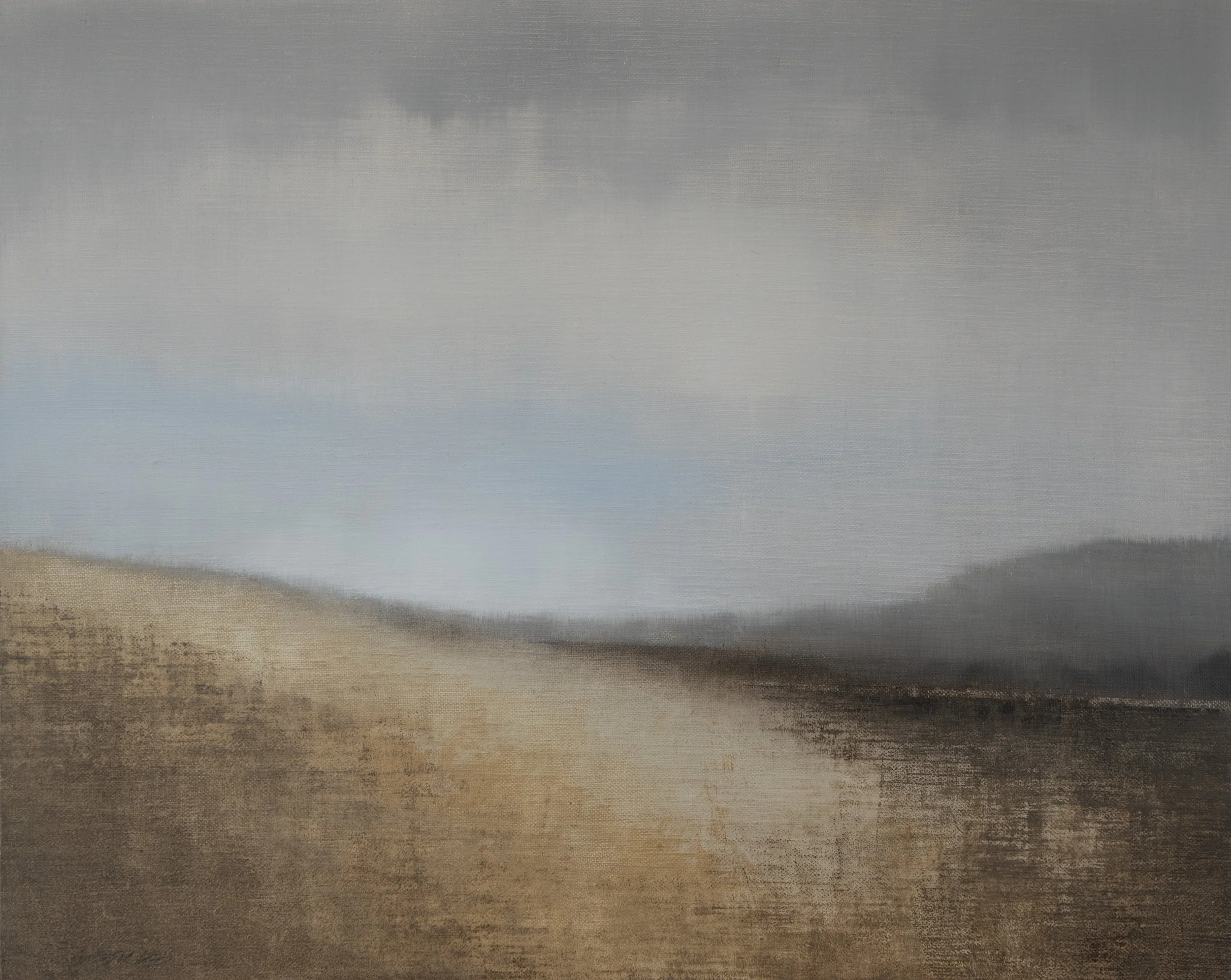 Landscape with hillside meadow, oil on linen.