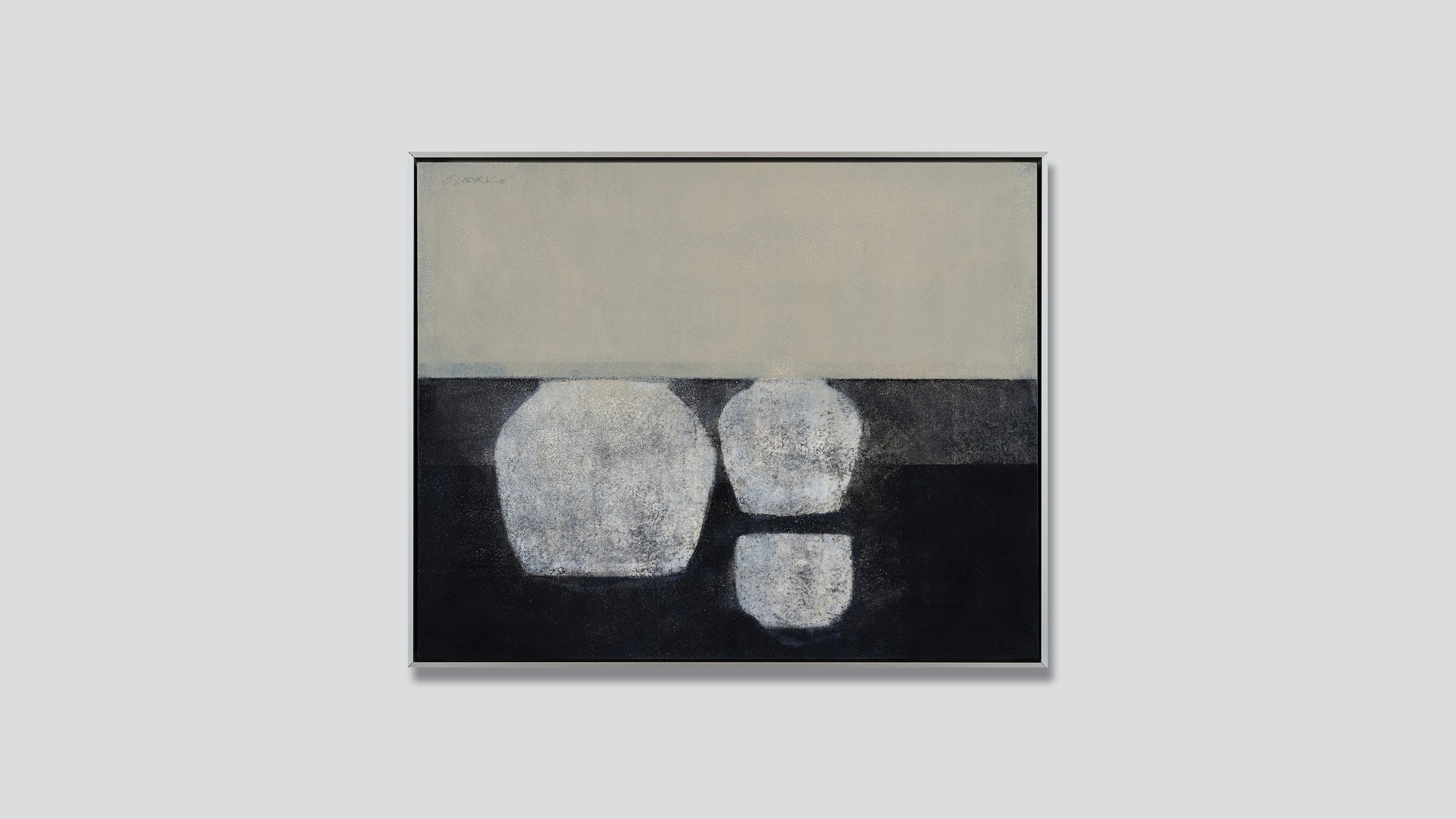 Framed abstract still life with three white vessels on a dark background.