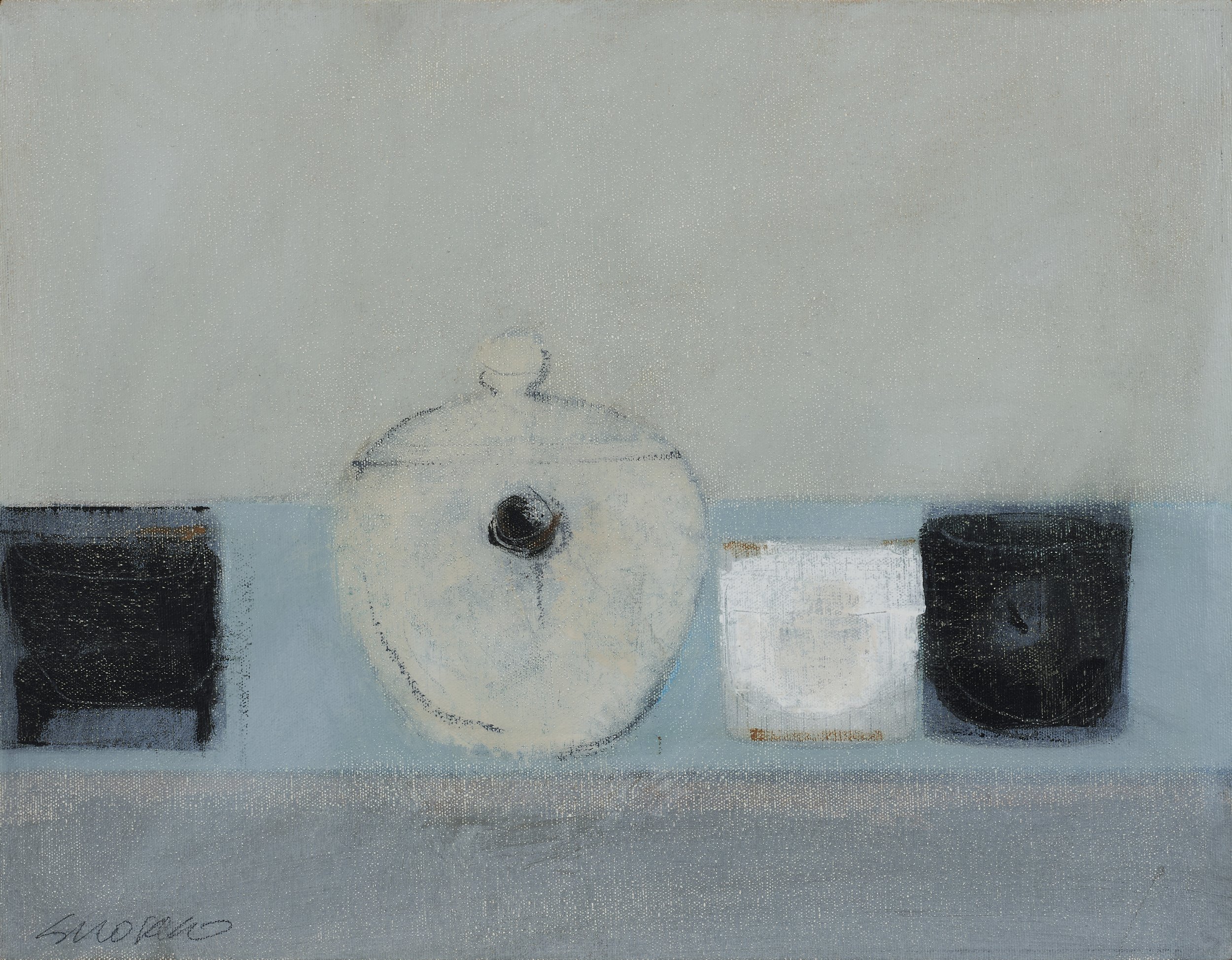 Abstract still life with teapot and three cups.