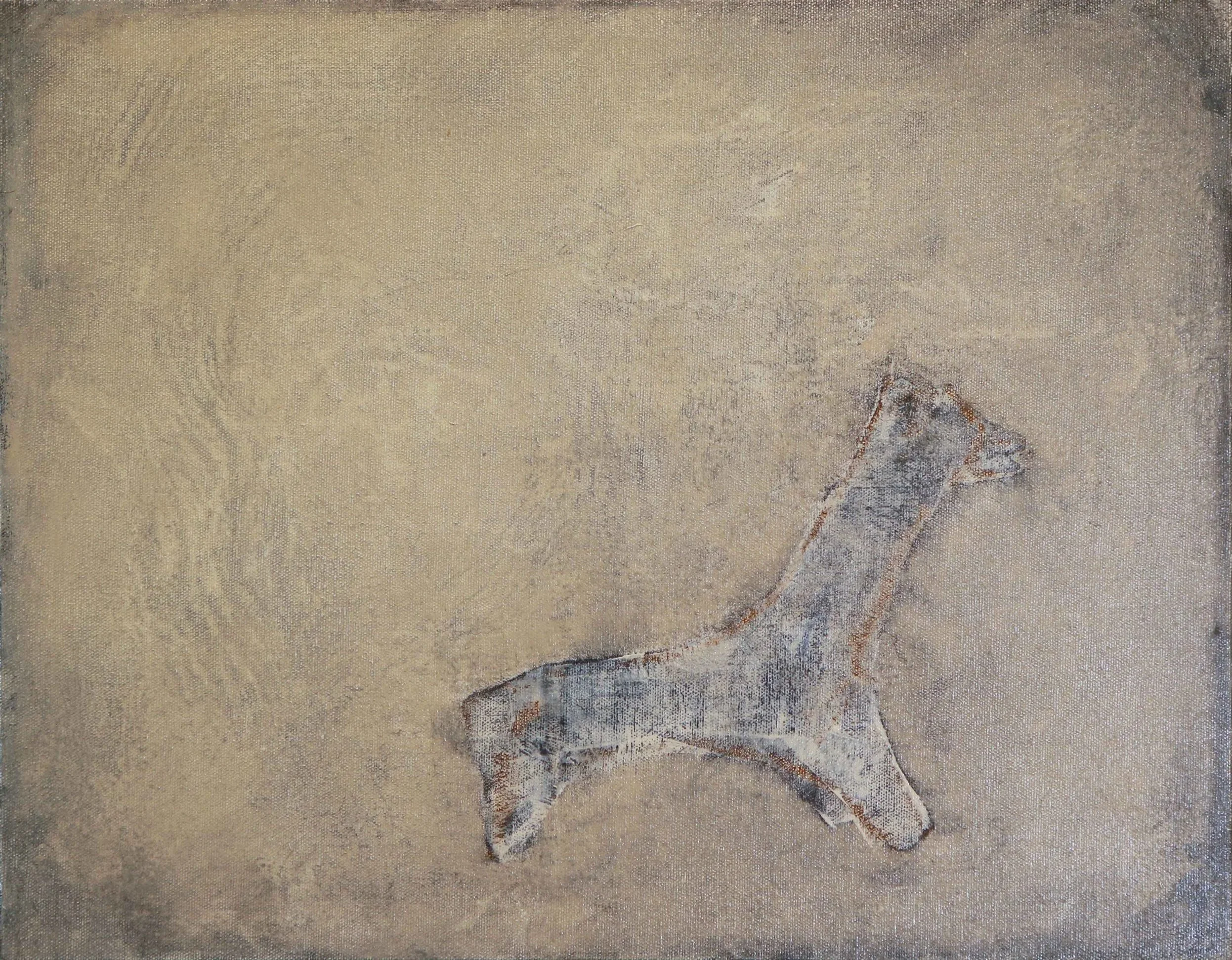 Archaic animal figure on a rough textured surface, oil on canvas by Glenn Suokko.