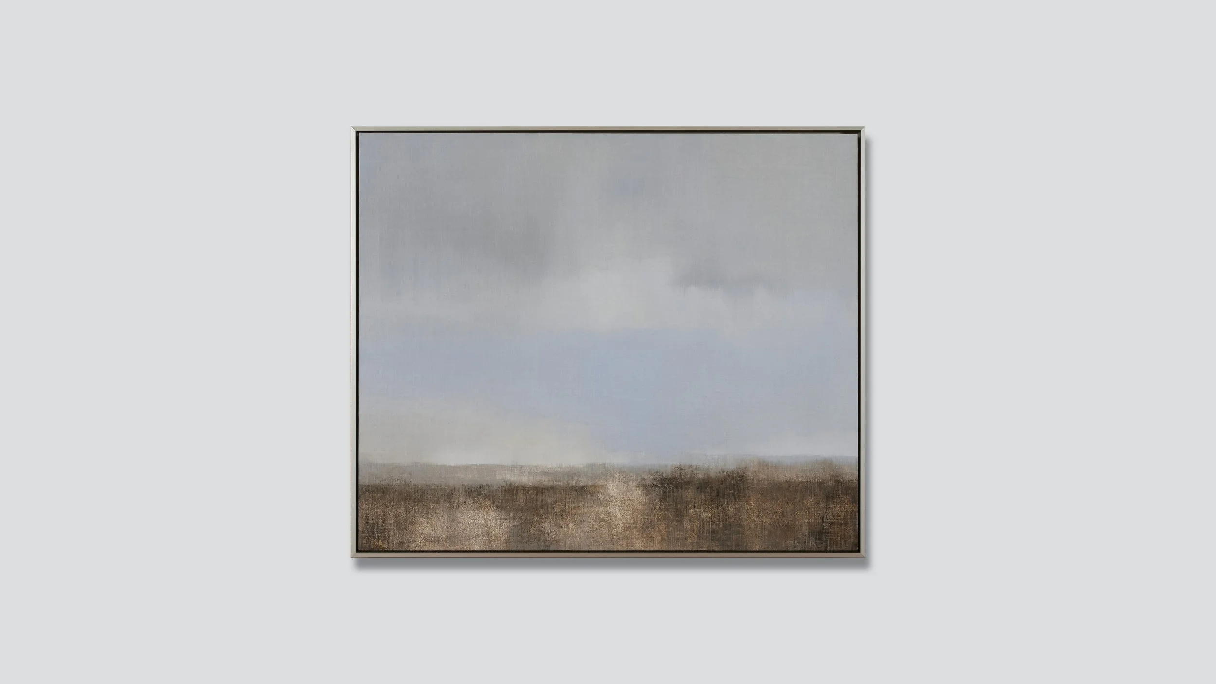Framed landscape with meadow and gentle rain, oil on linen.
