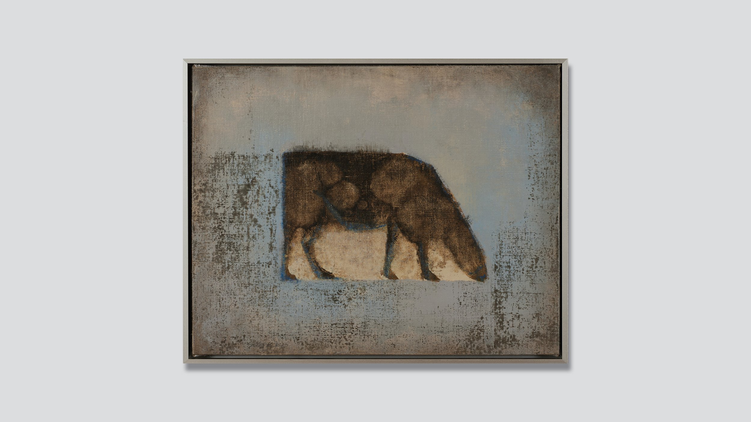 Grazing cow on an abstract field, oil on canvas.
