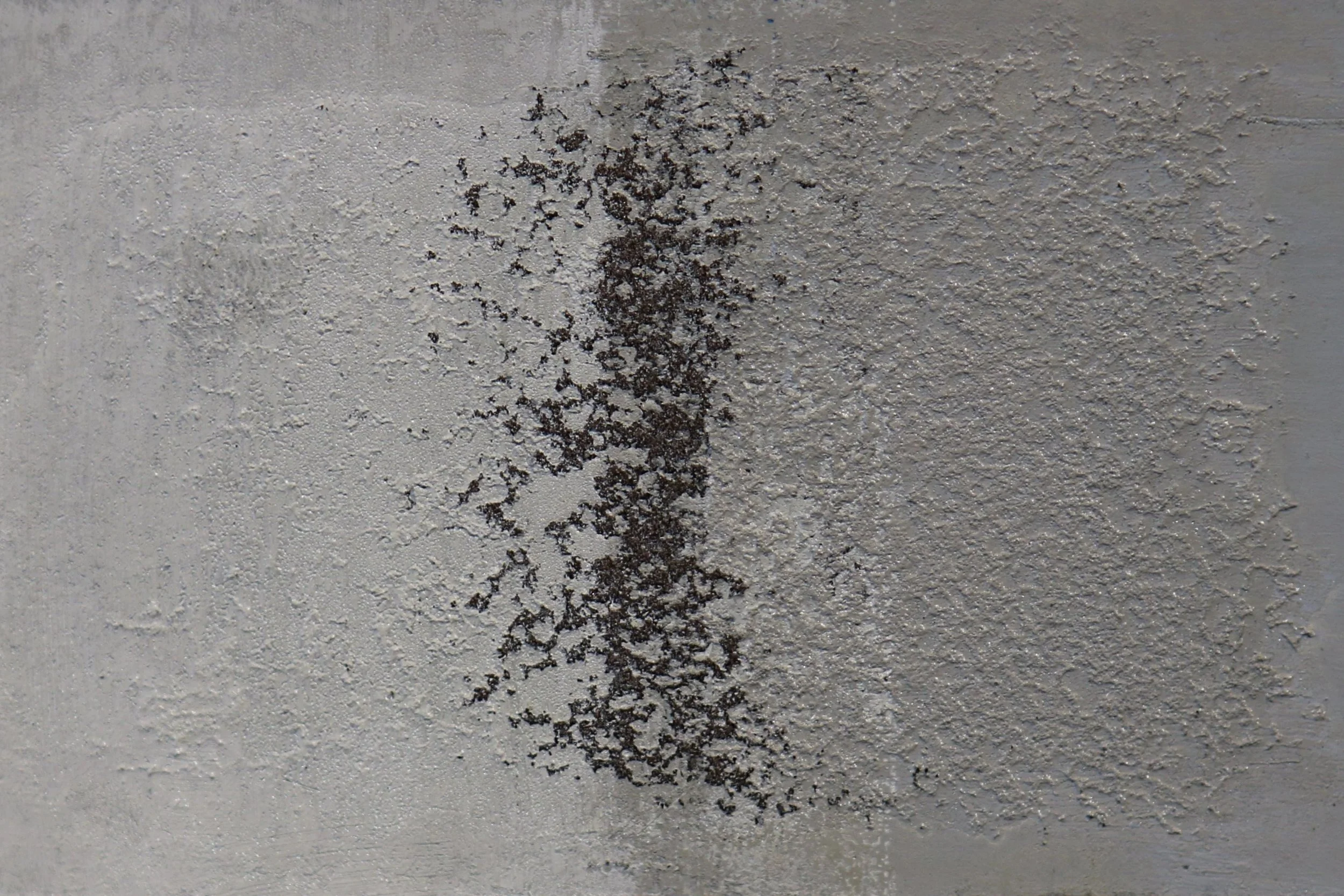 Abstract, textured oil painting in grays.