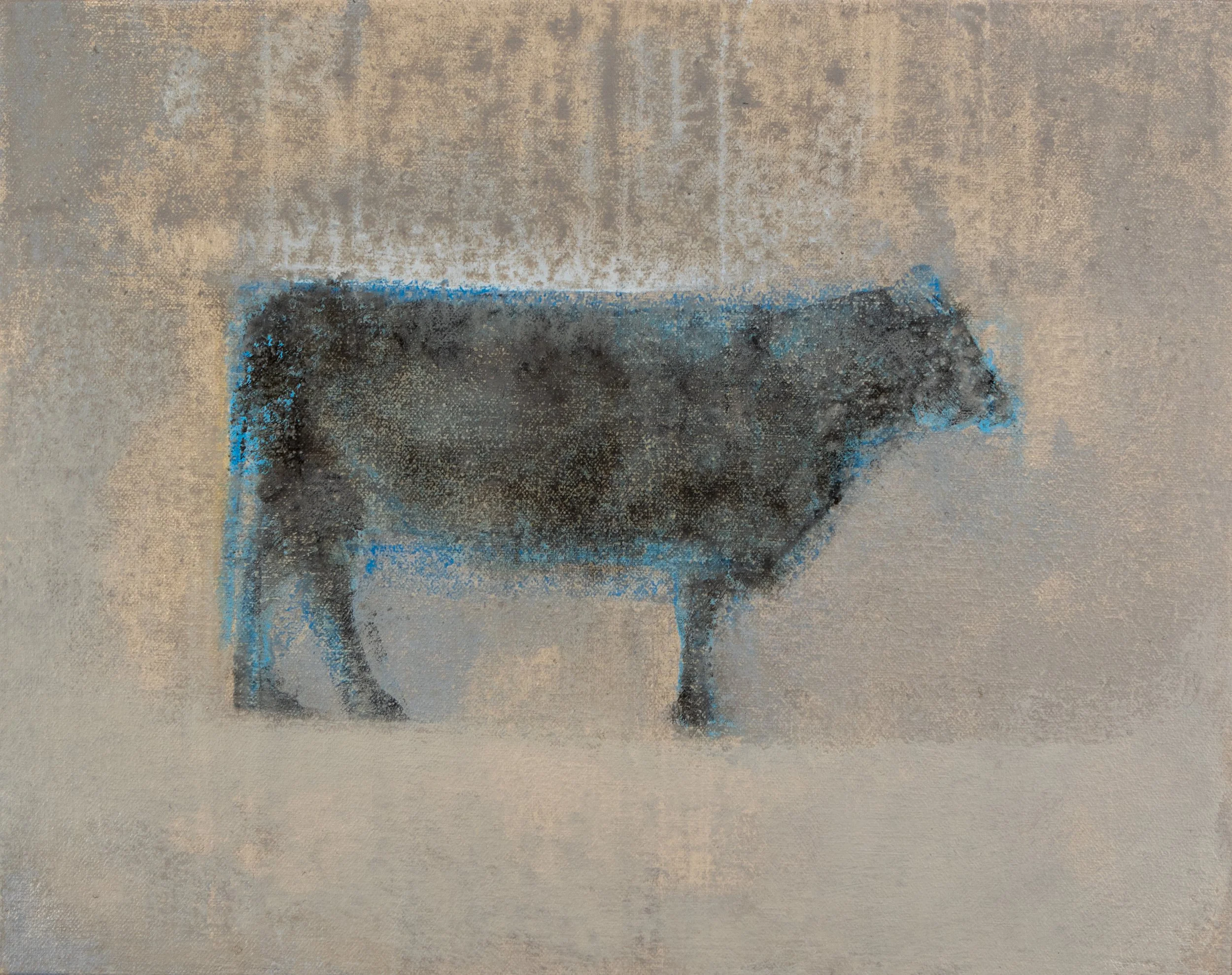 Black Angus cow standing in profile, oil on canvas.