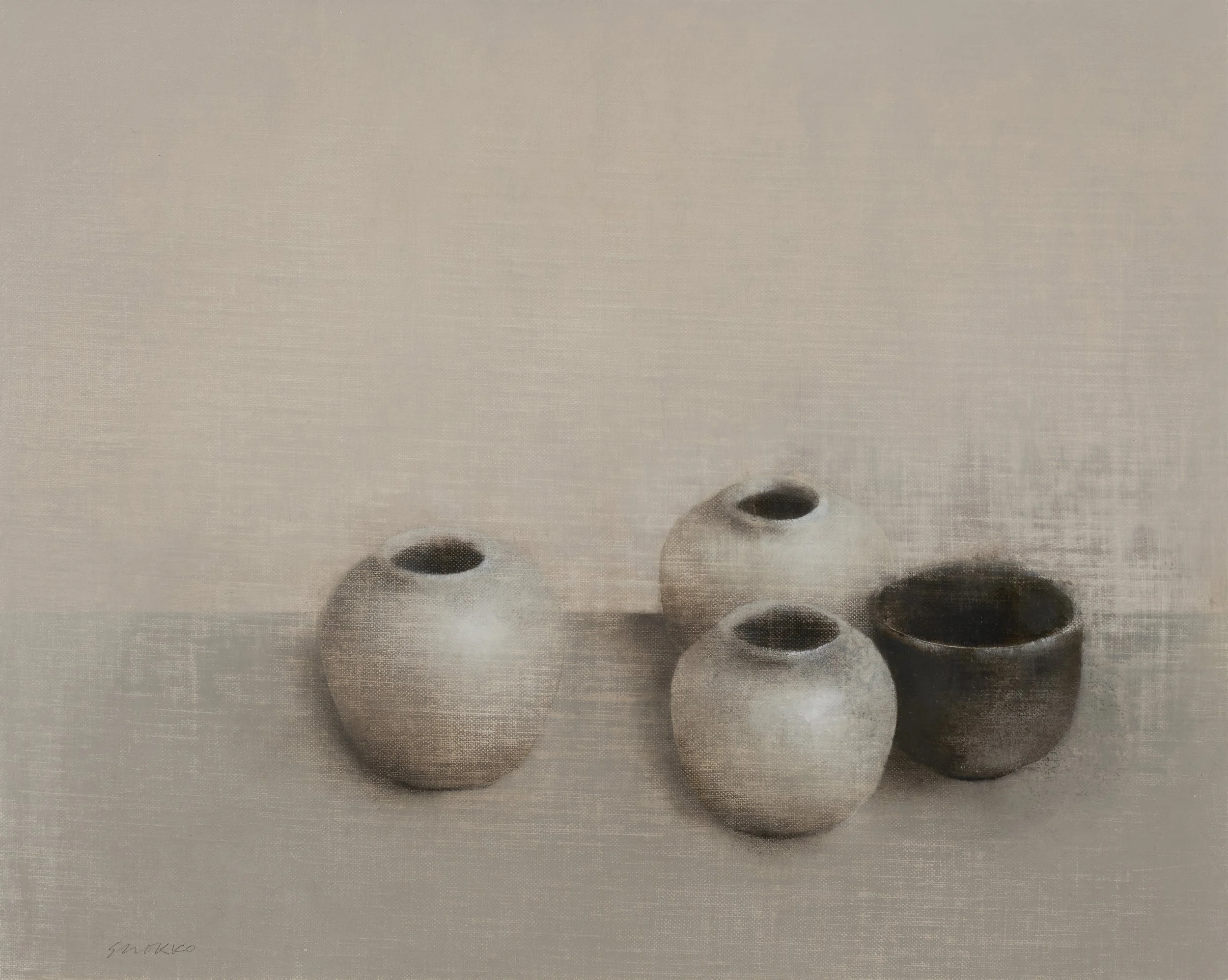 Still life with four vessels in neutral grays, oil on canvas.