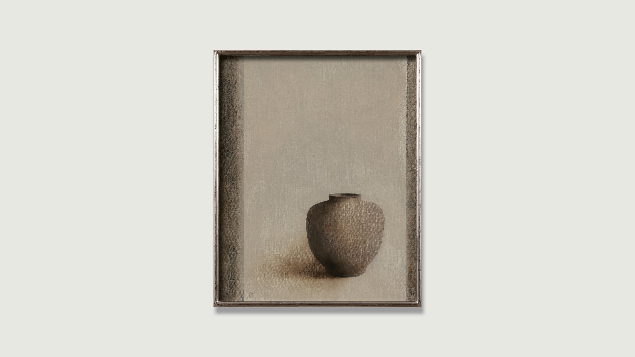 Framed still life oil painting of a single vessel on a light gray background by Glenn Suokko.