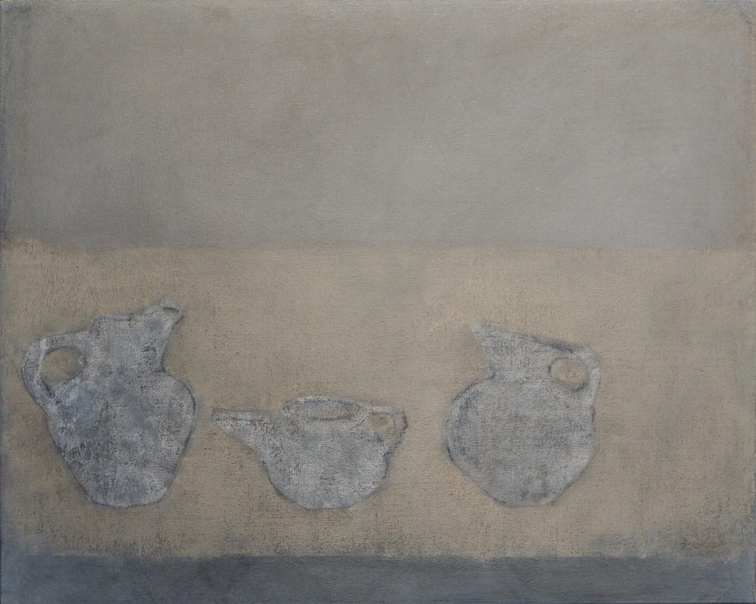 Still life with three pitchers, oil on canvas.