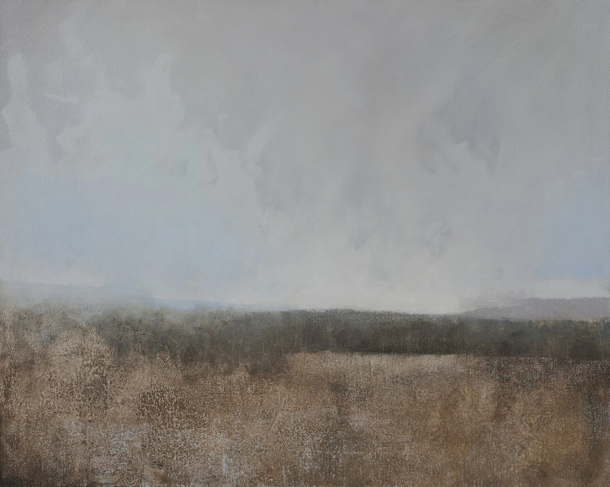 Landscape with meadow, distant mountains, oil on canvas.