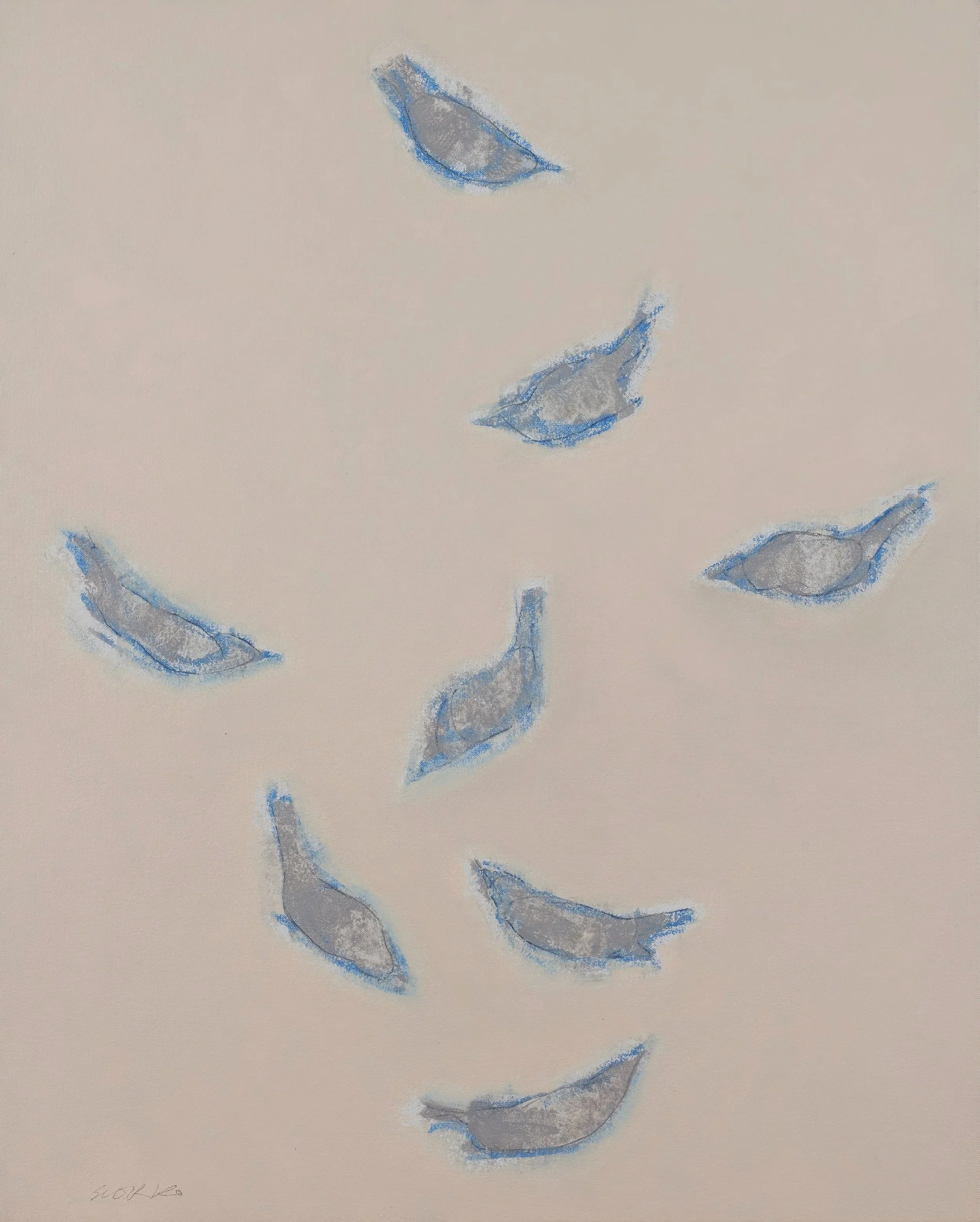 Eight blue birds rising in flight, oil on canvas.