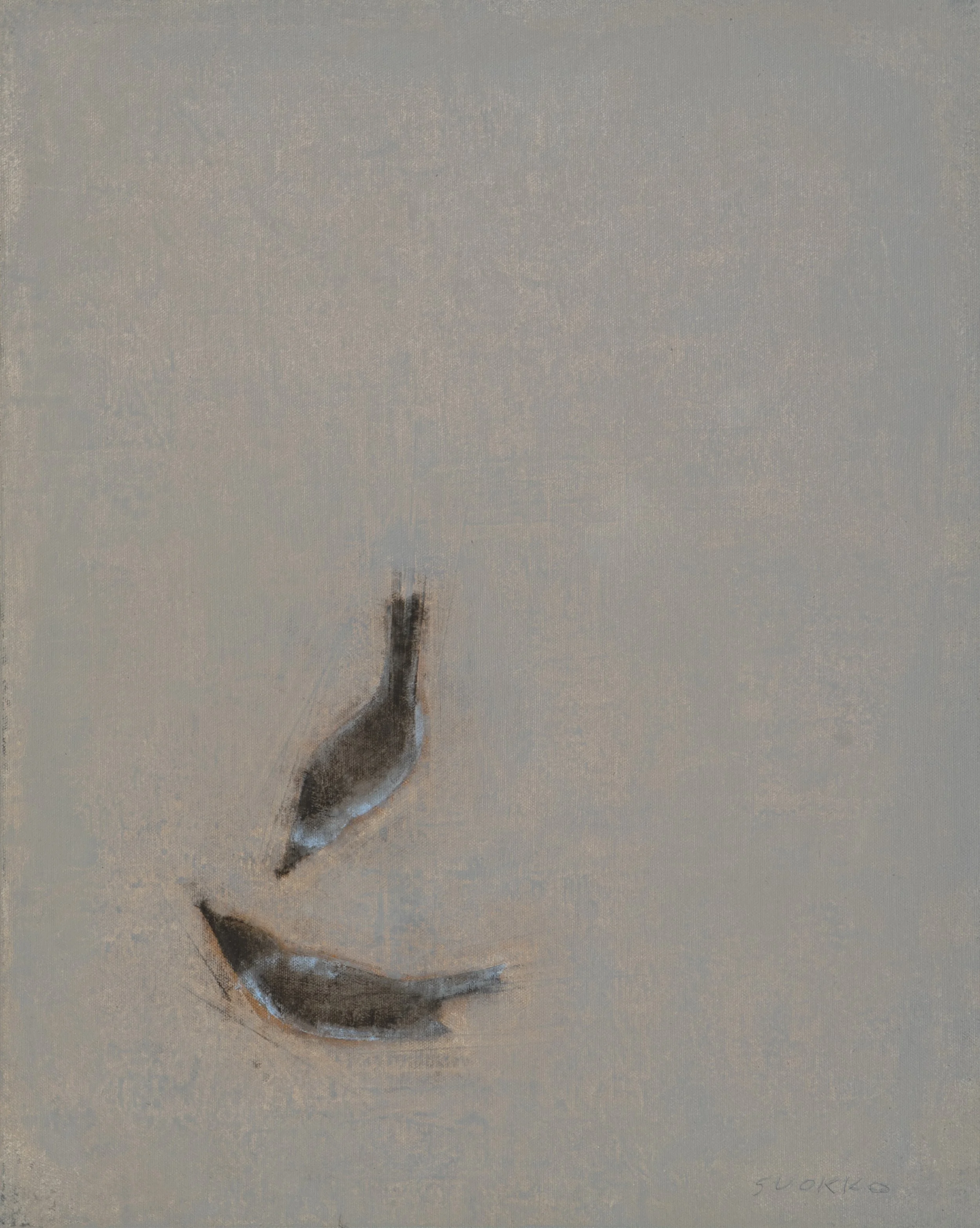 Two small songbirds in a soft space, oil on linen.