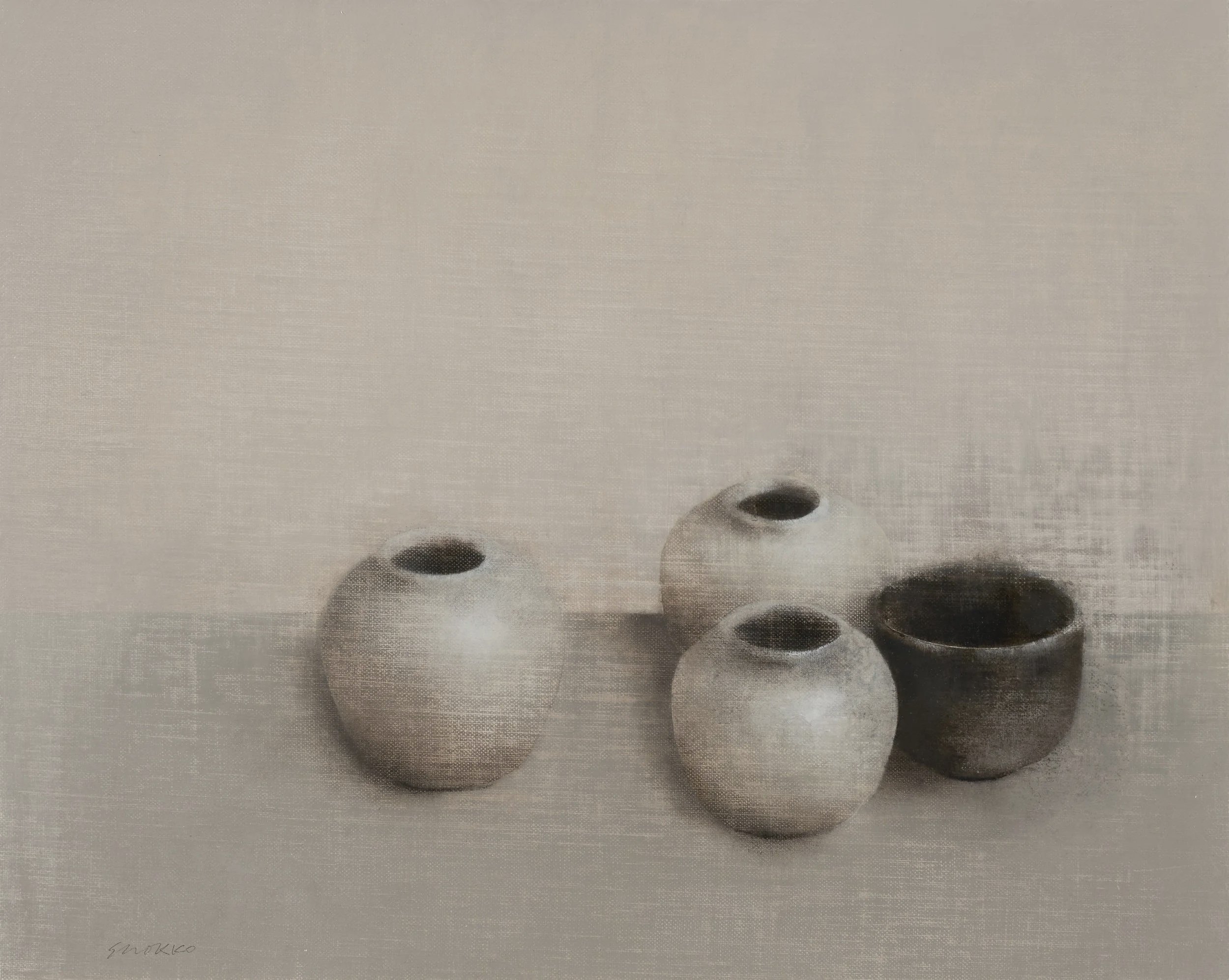 Still life oil painting of four vessels in gray.