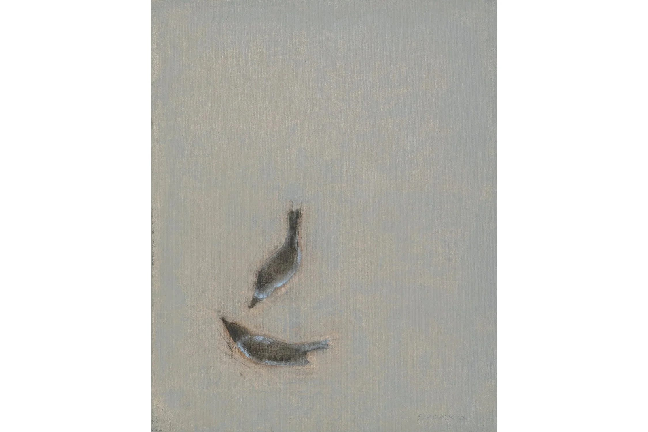 Two moving songbirds, with neutral-toned background and soft, impressionistic style.