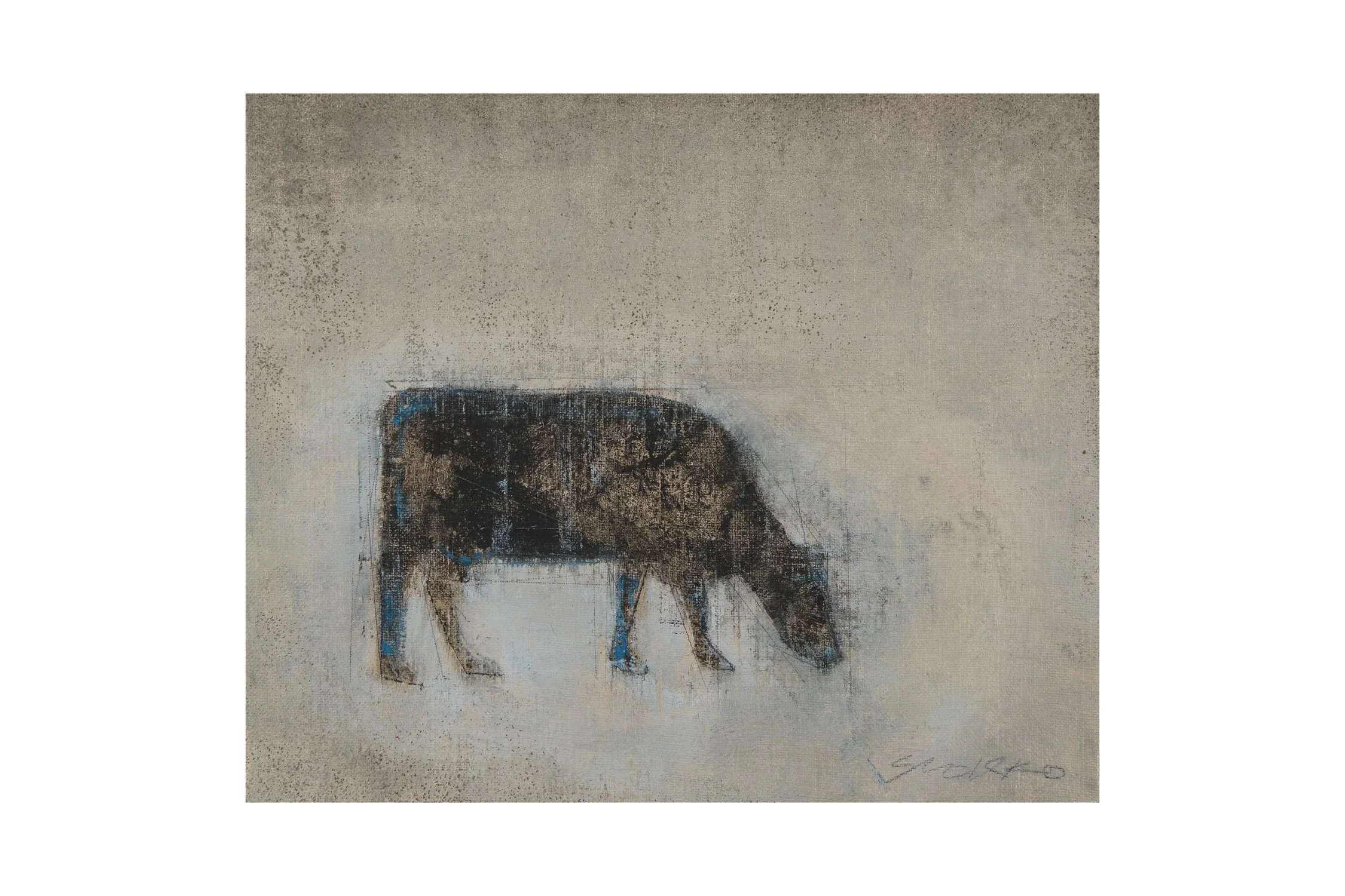 Oil painting of a grazing cow on a textured beige background with the artist's signature in the bottom right corner.