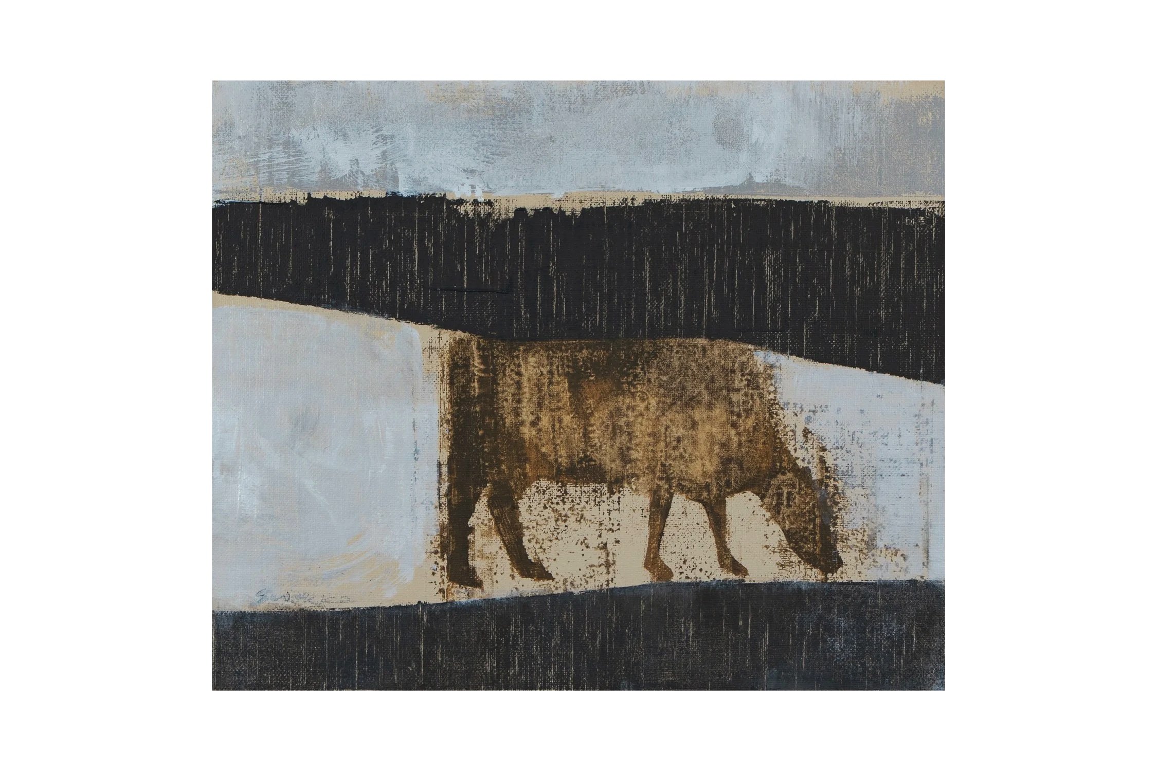 Oil painting featuring a grazing cow, with horizontal black, gray, and beige blocks of color and textured brush strokes, part of the "Angus" series by Glenn Suokko.