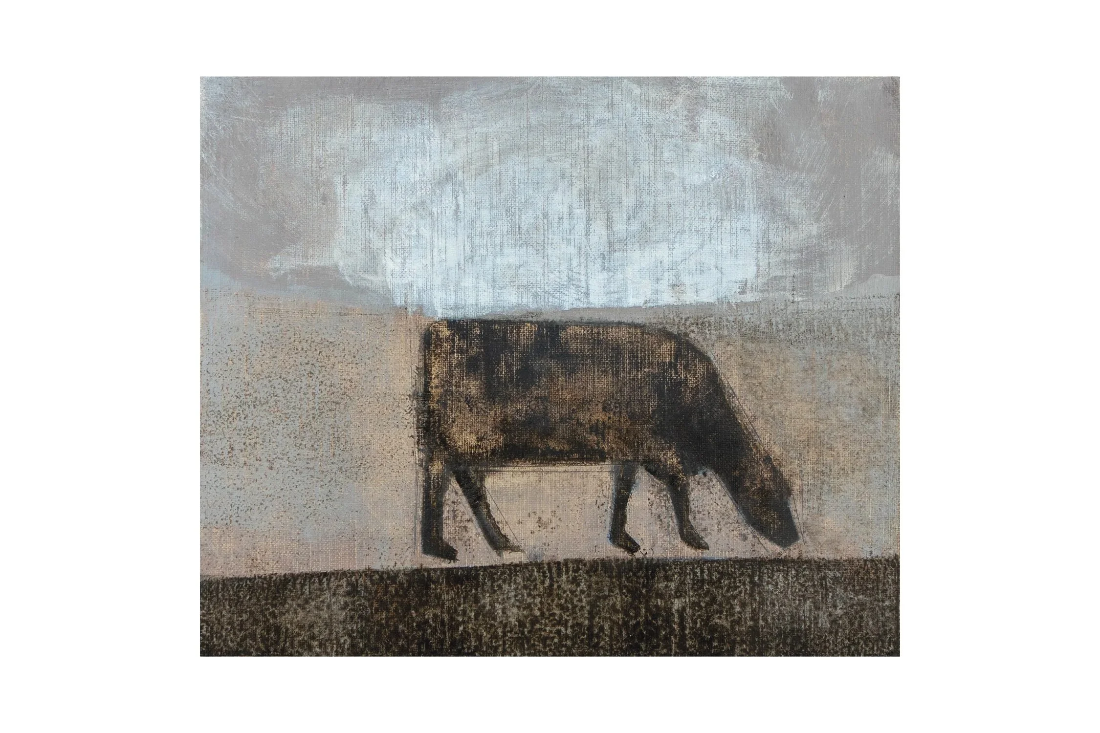 A rustic painting of  a grazing cow, with a background featuring a large cloud.