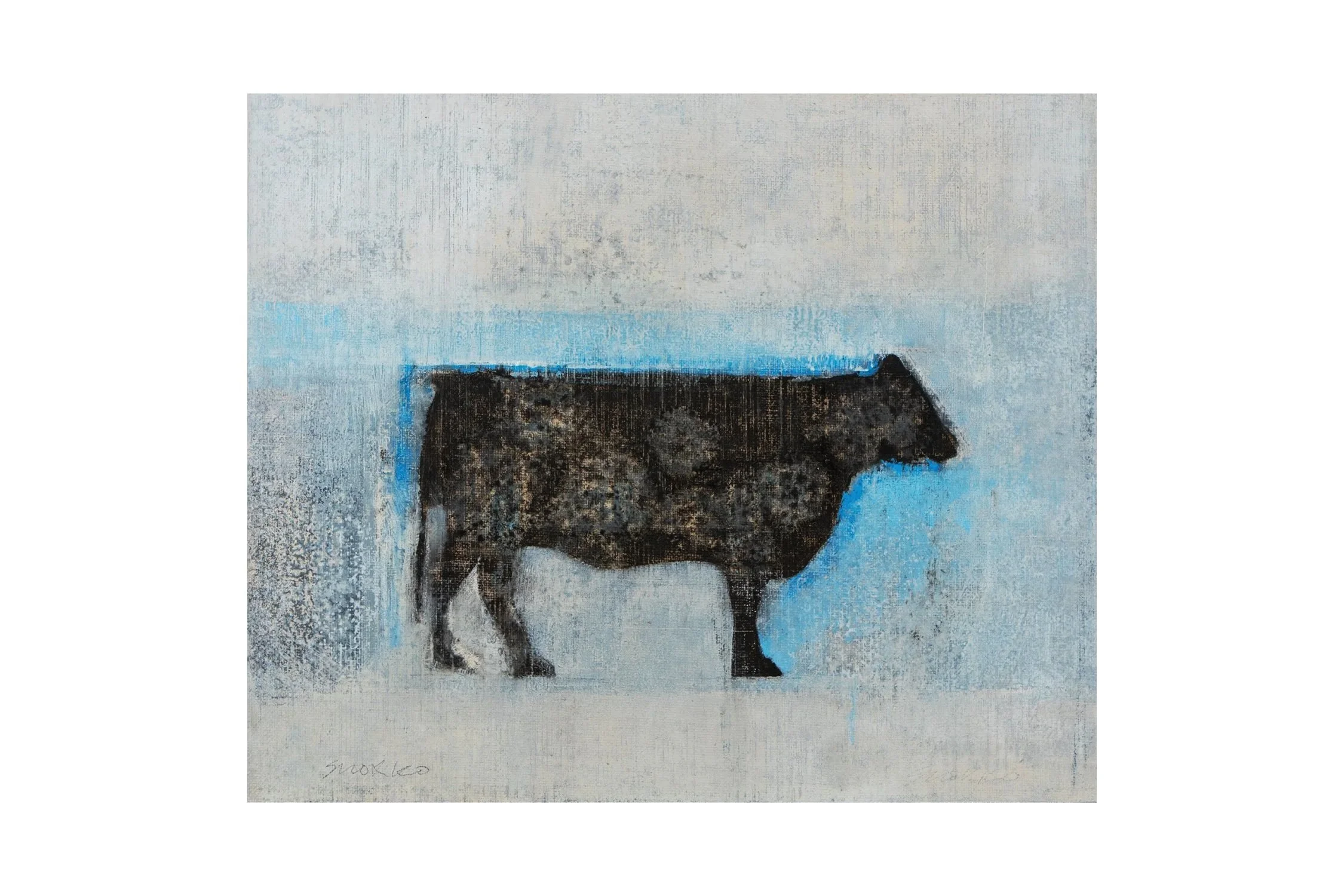 Artwork depicting a standing black Angus cow silhouetted against a background of blue and white tones.