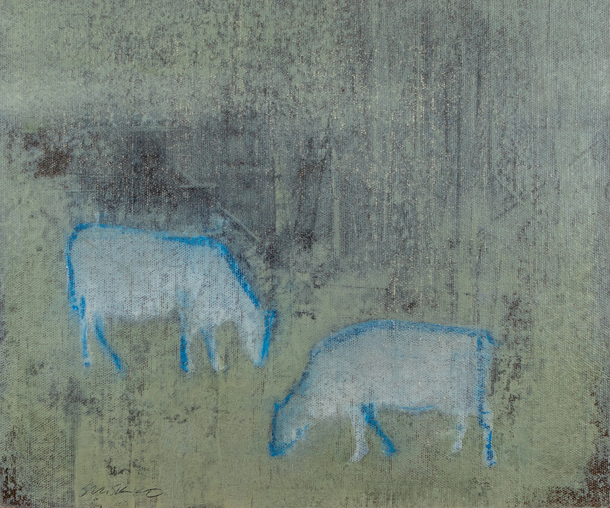 Oil painting by Glenn Suokko depicting symbolic cows in an abstract Vermont landscape, exploring stillness, gesture, and Nordic-inspired simplicity.