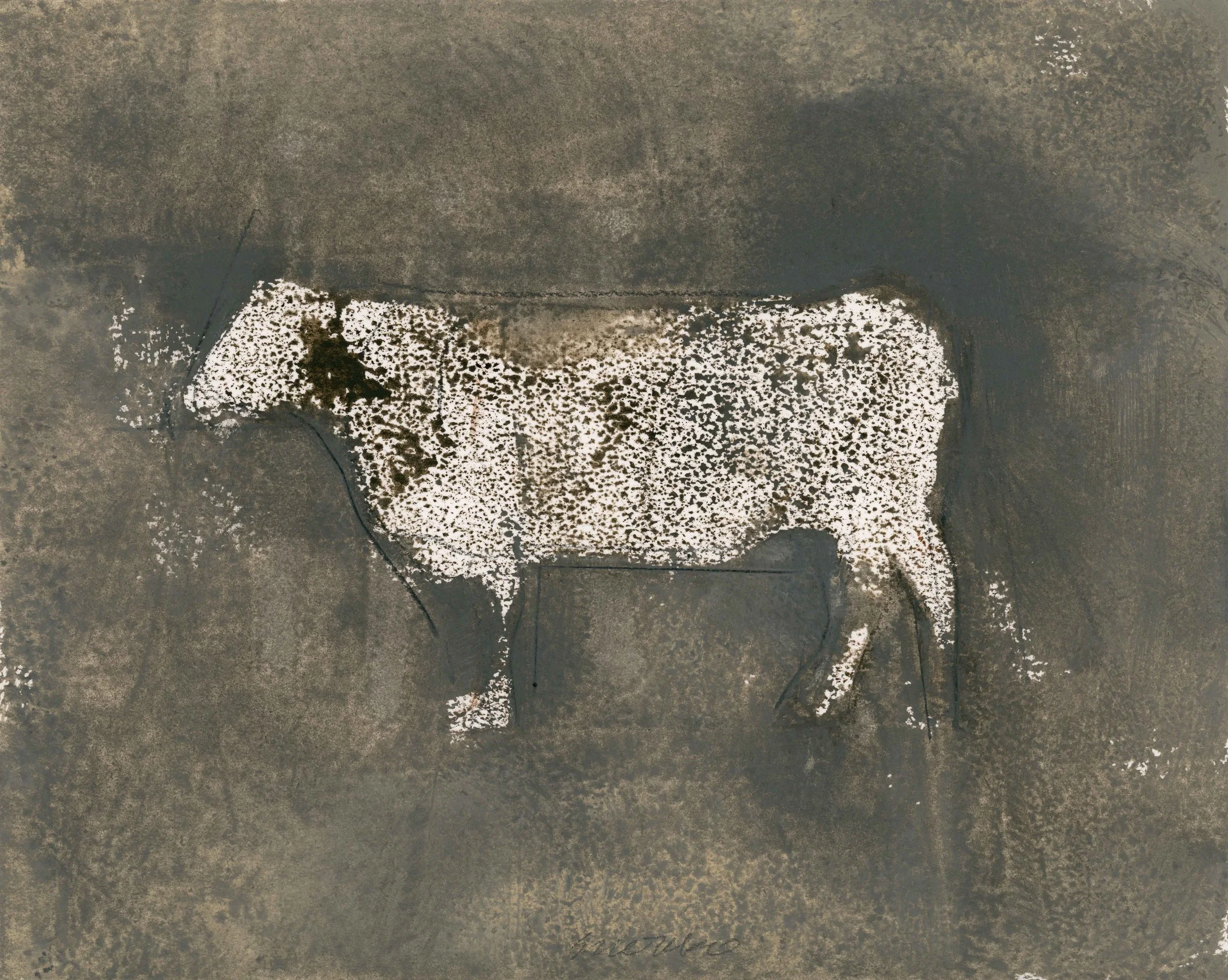 A reduced, atmospheric rendering of a standing cow, where the silhouette dissolves into textured layers of paint. One of the experimental variations in Glenn Suokko’s Standing Cow series.
