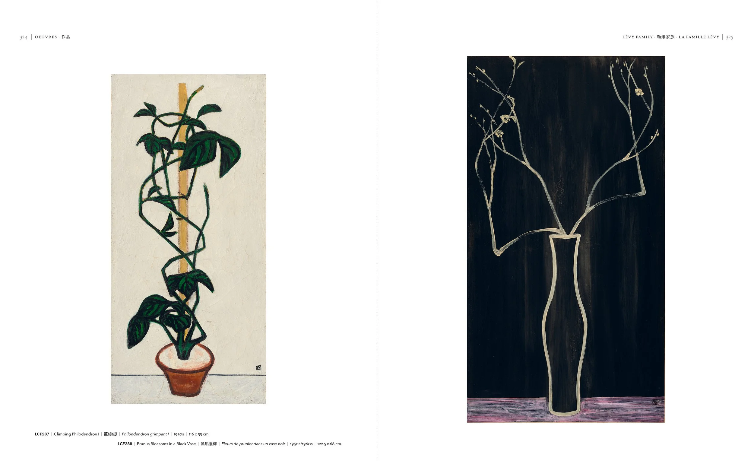 Two paintings of vases with plants. The left features a climbing philodendron in a terracotta pot, and the right is a minimalist line drawing of prunus blossoms in a black vase.